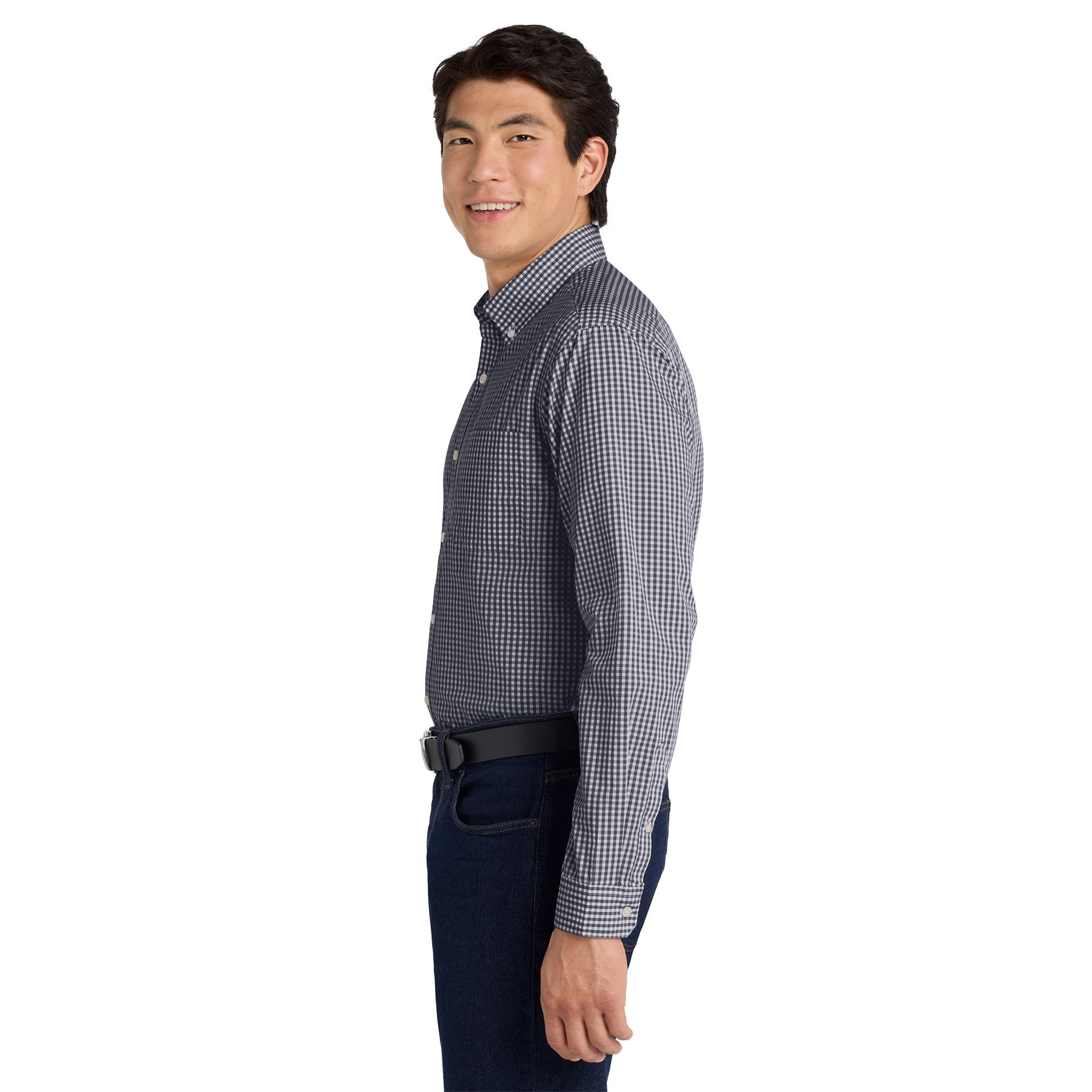 Black and white gingham long sleeve button-down shirt featuring a button-down collar, pearlized buttons, left chest pocket, and adjustable mitered cuffs.