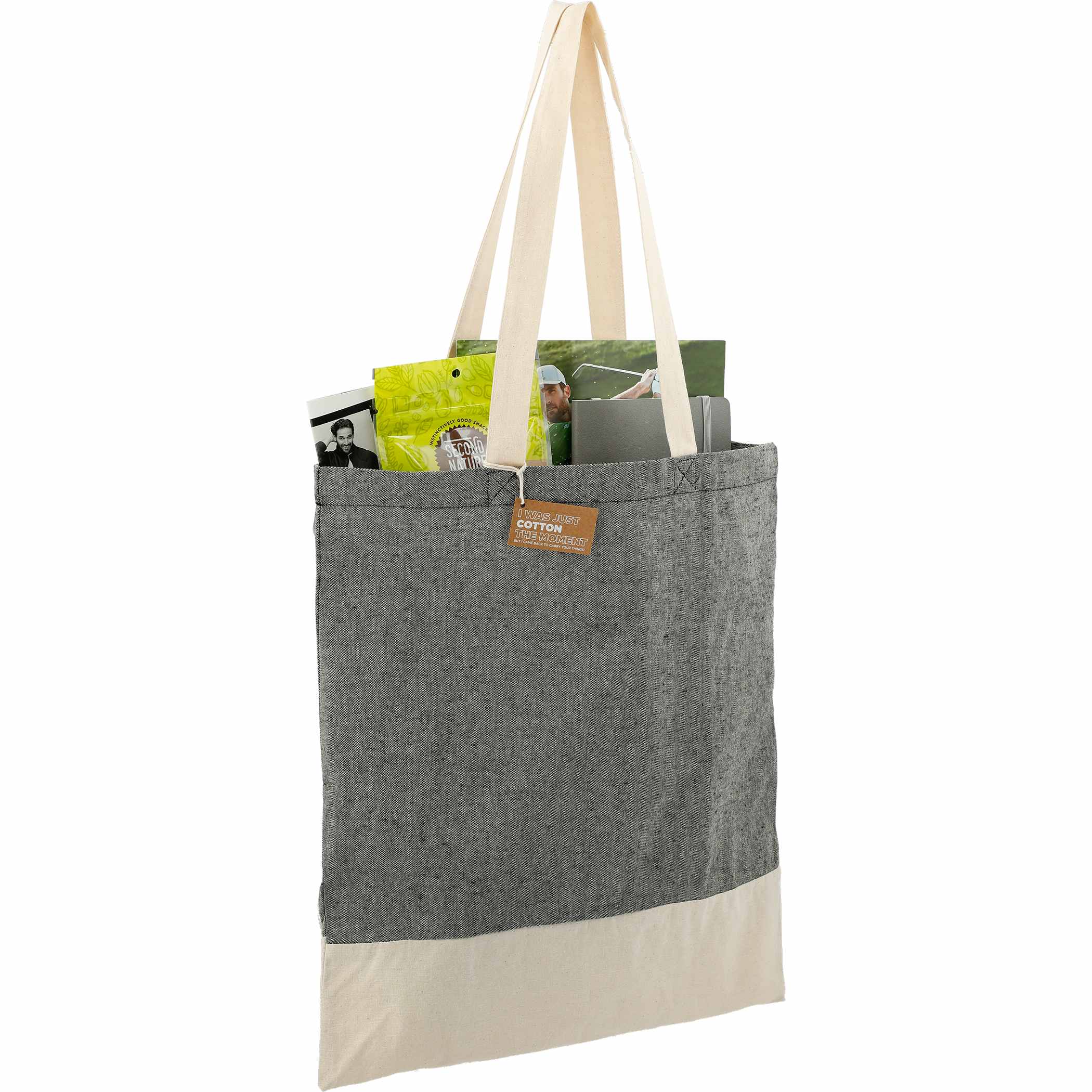 Black Split Recycled 5oz Cotton Twill Convention Tote, featuring lightweight recycled cotton twill with contrasting color block panels, long shoulder handles, a spacious open main compartment, and a reusable design for trade shows, conferences, shopping, and everyday carrying.