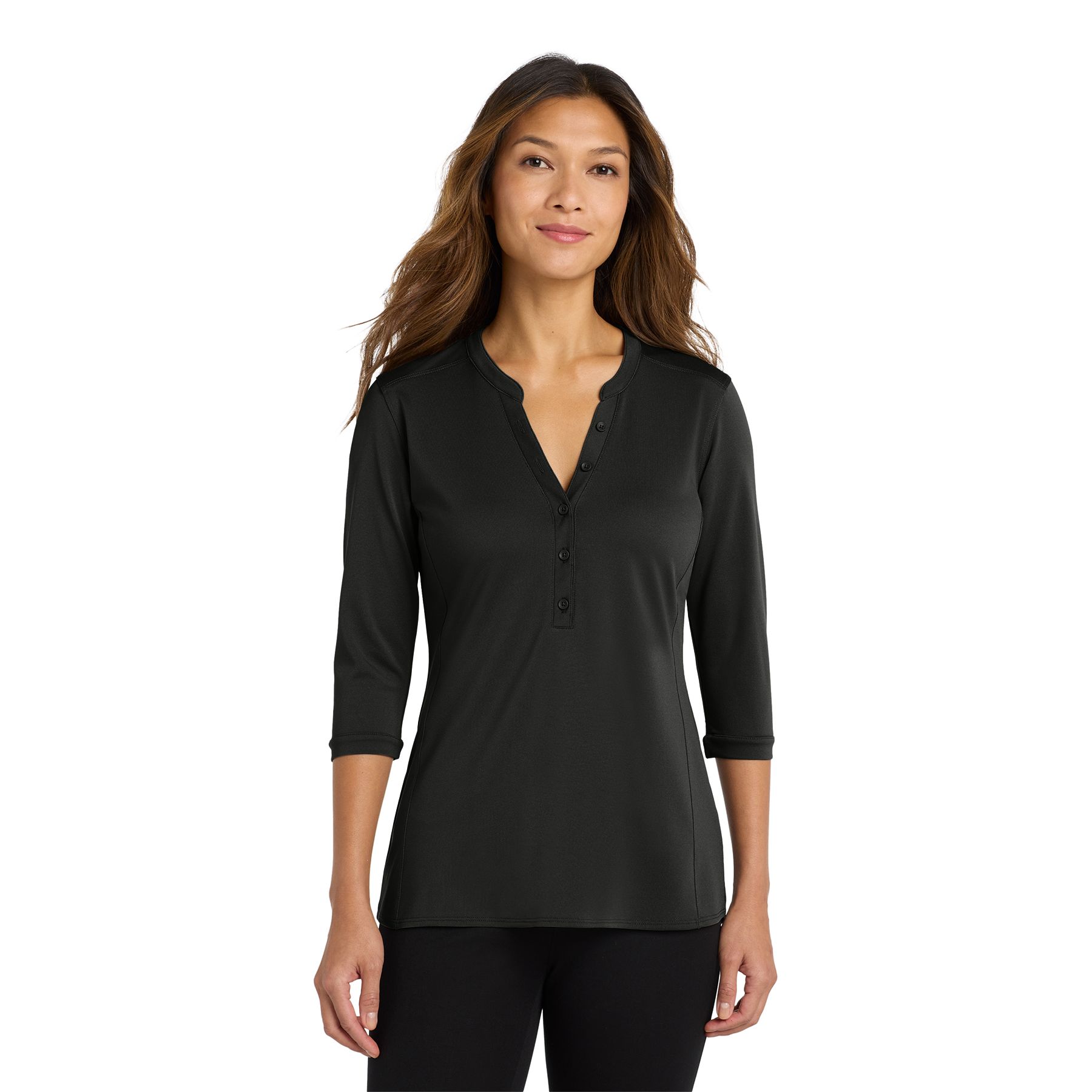 Black women's performance pique henley shirt featuring a five-button placket, open neckline, front seaming, and moisture-wicking fabric.
