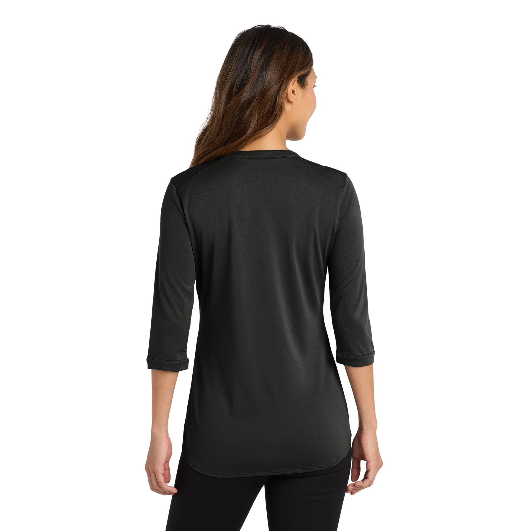 Black women's performance pique henley shirt featuring a five-button placket, open neckline, front seaming, and moisture-wicking fabric.
