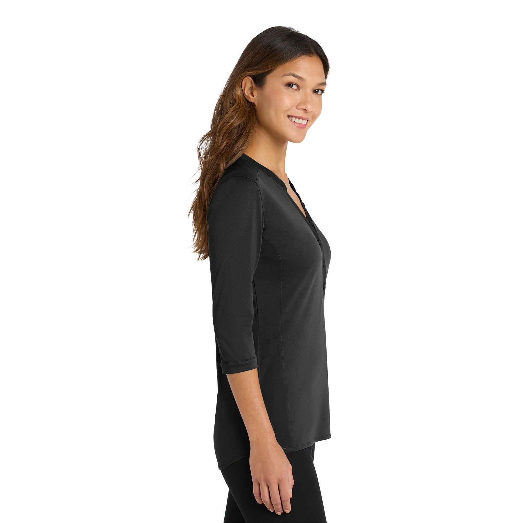 Black women's performance pique henley shirt featuring a five-button placket, open neckline, front seaming, and moisture-wicking fabric.