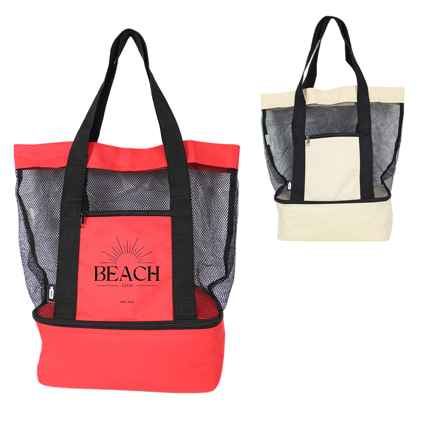 Recycled Beach Cooler Tote, featuring durable recycled fabric with an insulated zippered main compartment, sturdy shoulder handles, front slip pocket, and a spacious design for keeping food and drinks cool at the beach, picnics, travel, and outdoor events.