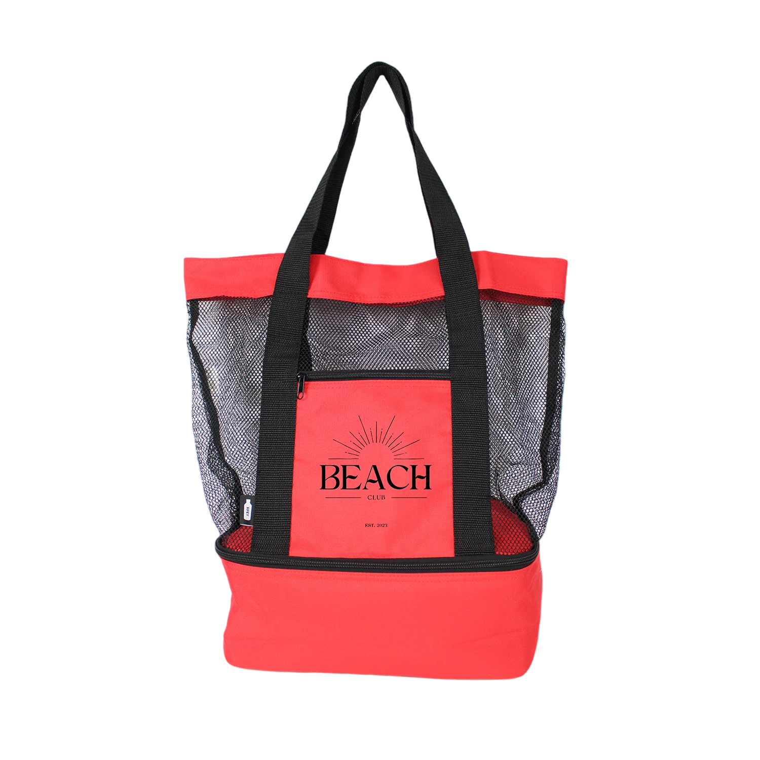Red Recycled Beach Cooler Tote, featuring durable recycled fabric with an insulated zippered main compartment, sturdy shoulder handles, front slip pocket, and a spacious design for keeping food and drinks cool at the beach, picnics, travel, and outdoor events.