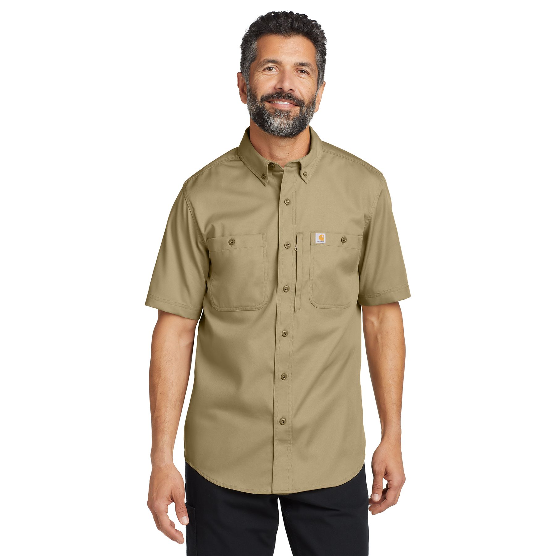 Dark khaki rugged short sleeve button-down work shirt featuring a wrinkle-free stretch fabric, button-down collar, dual chest pockets, and zippered map pocket.