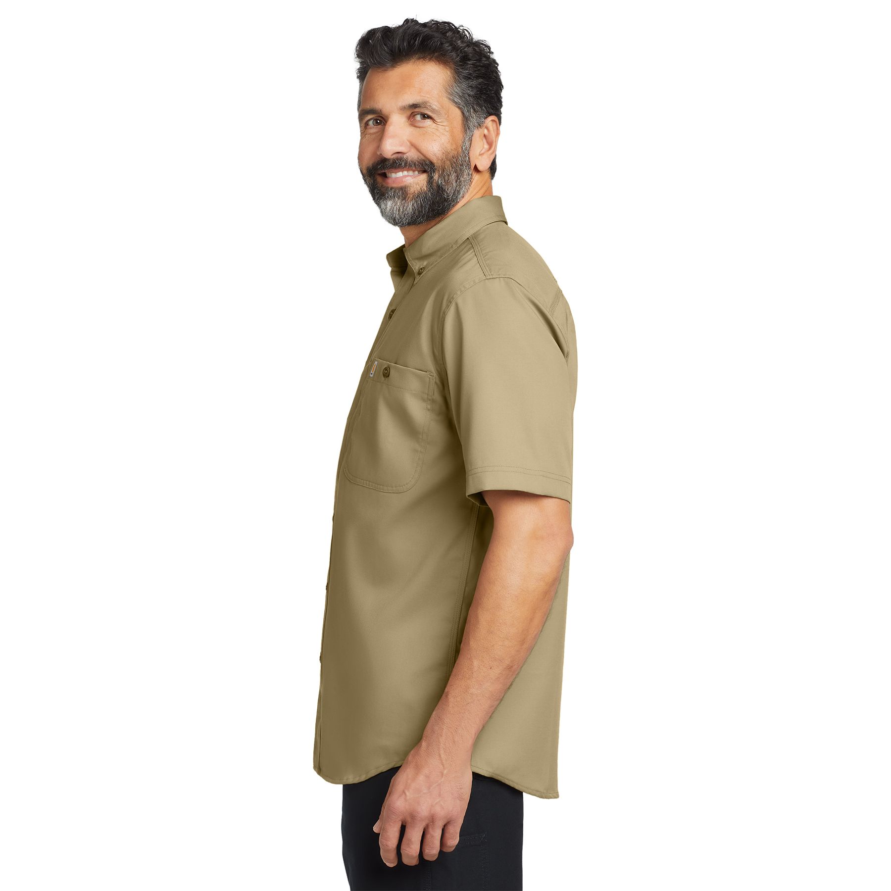 Dark khaki rugged short sleeve button-down work shirt featuring a wrinkle-free stretch fabric, button-down collar, dual chest pockets, and zippered map pocket.