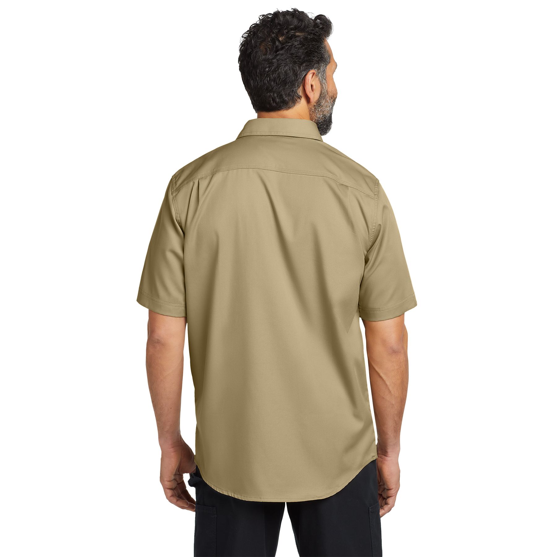 Dark khaki rugged short sleeve button-down work shirt featuring a wrinkle-free stretch fabric, button-down collar, dual chest pockets, and zippered map pocket.