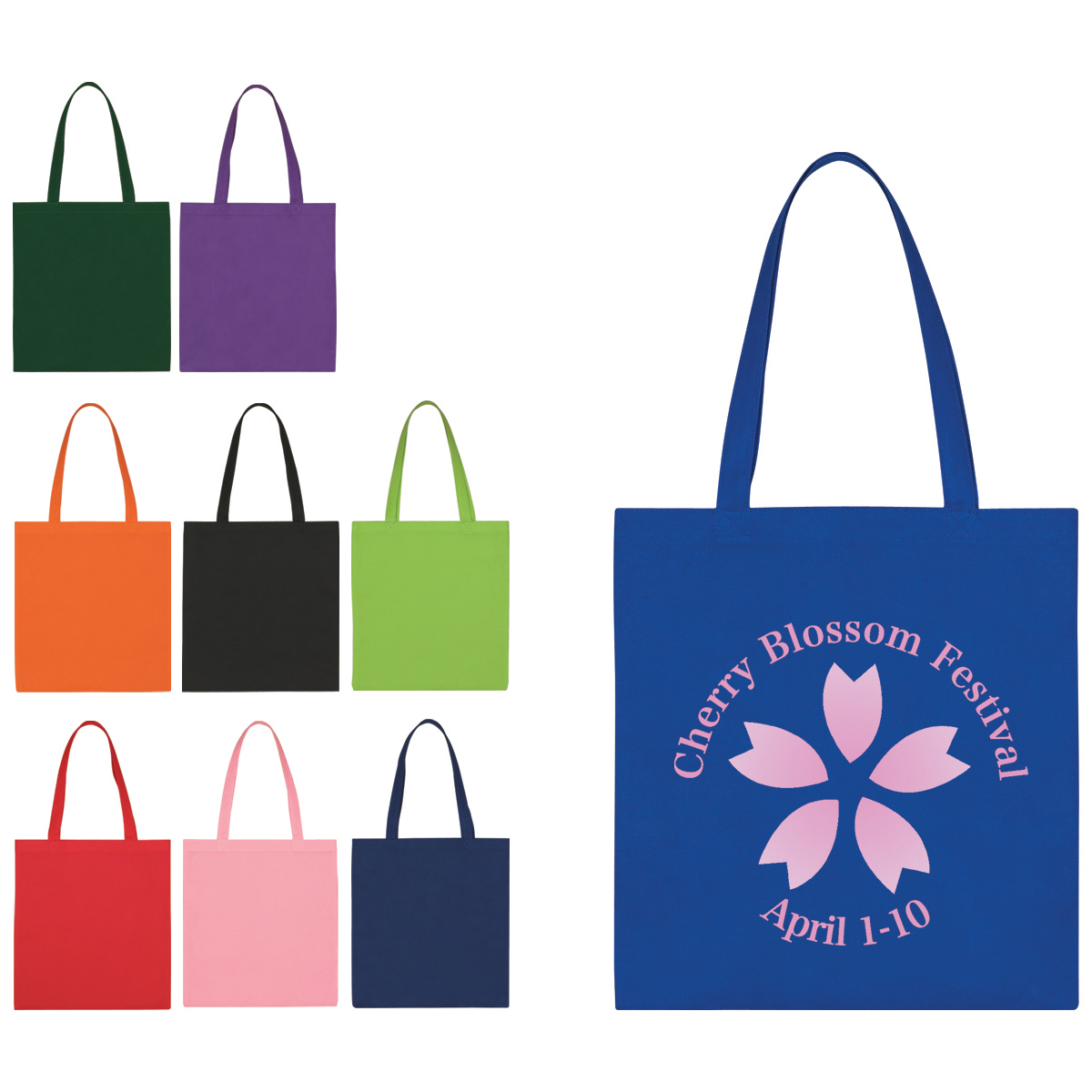 Economy Non-Woven Recycled Tote Bag, featuring durable water-resistant recycled non-woven polypropylene, reinforced 22-inch shoulder handles, a spacious open main compartment, and a lightweight reusable design for grocery shopping, trade shows, bookstores, gift bags, and everyday carrying.