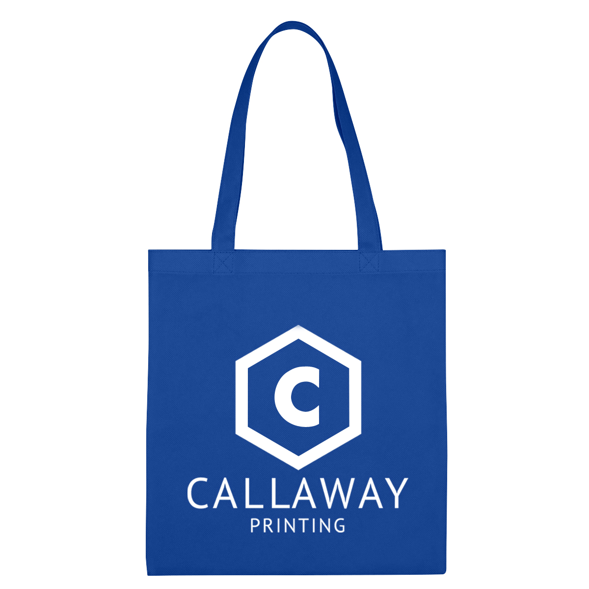 Royal Blue Economy Non-Woven Recycled Tote Bag, featuring durable water-resistant recycled non-woven polypropylene, reinforced 22-inch shoulder handles, a spacious open main compartment, and a lightweight reusable design for grocery shopping, trade shows, bookstores, gift bags, and everyday carrying.
