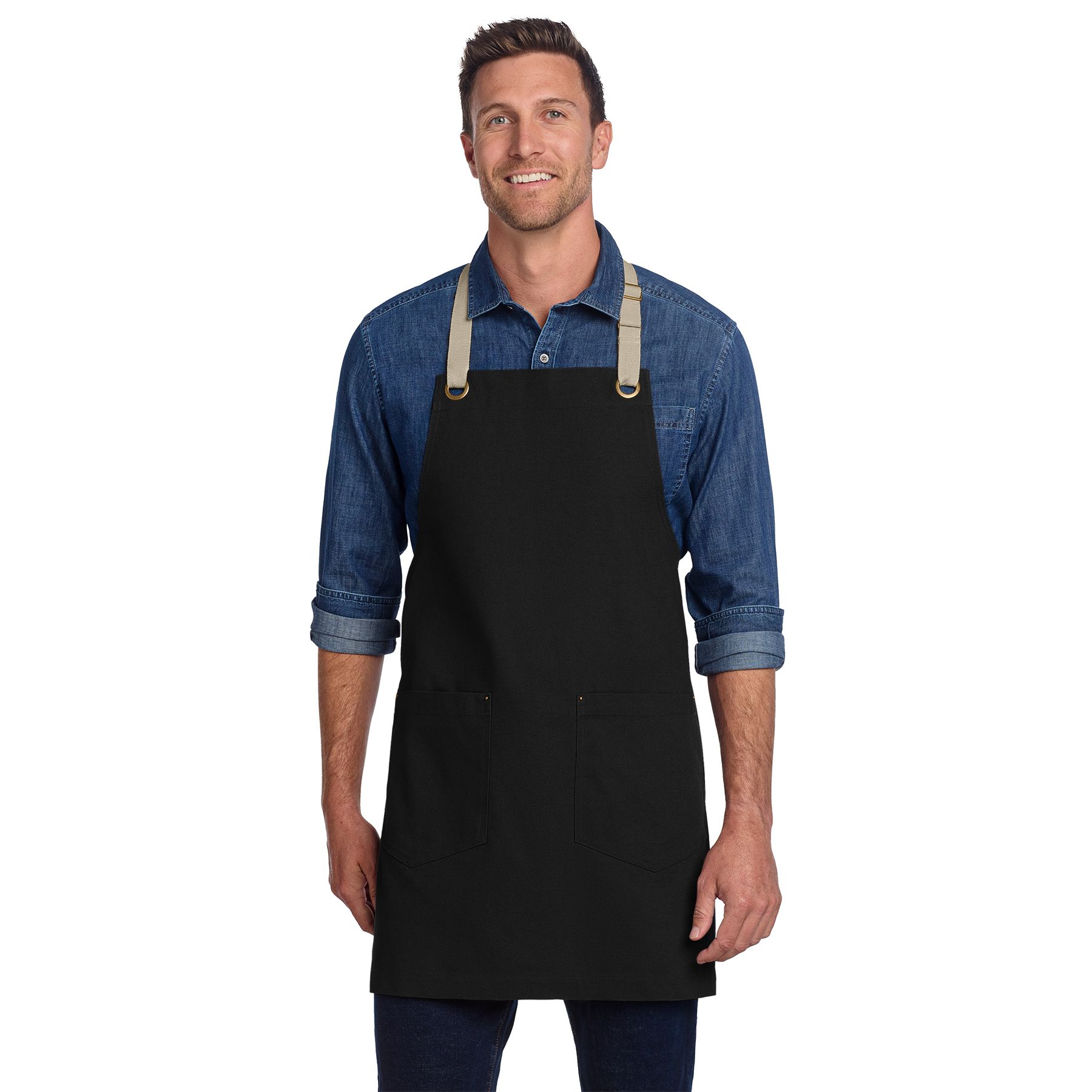 Black and stone full-length cotton canvas apron with adjustable neck strap, antique brass hardware, and two front patch pockets