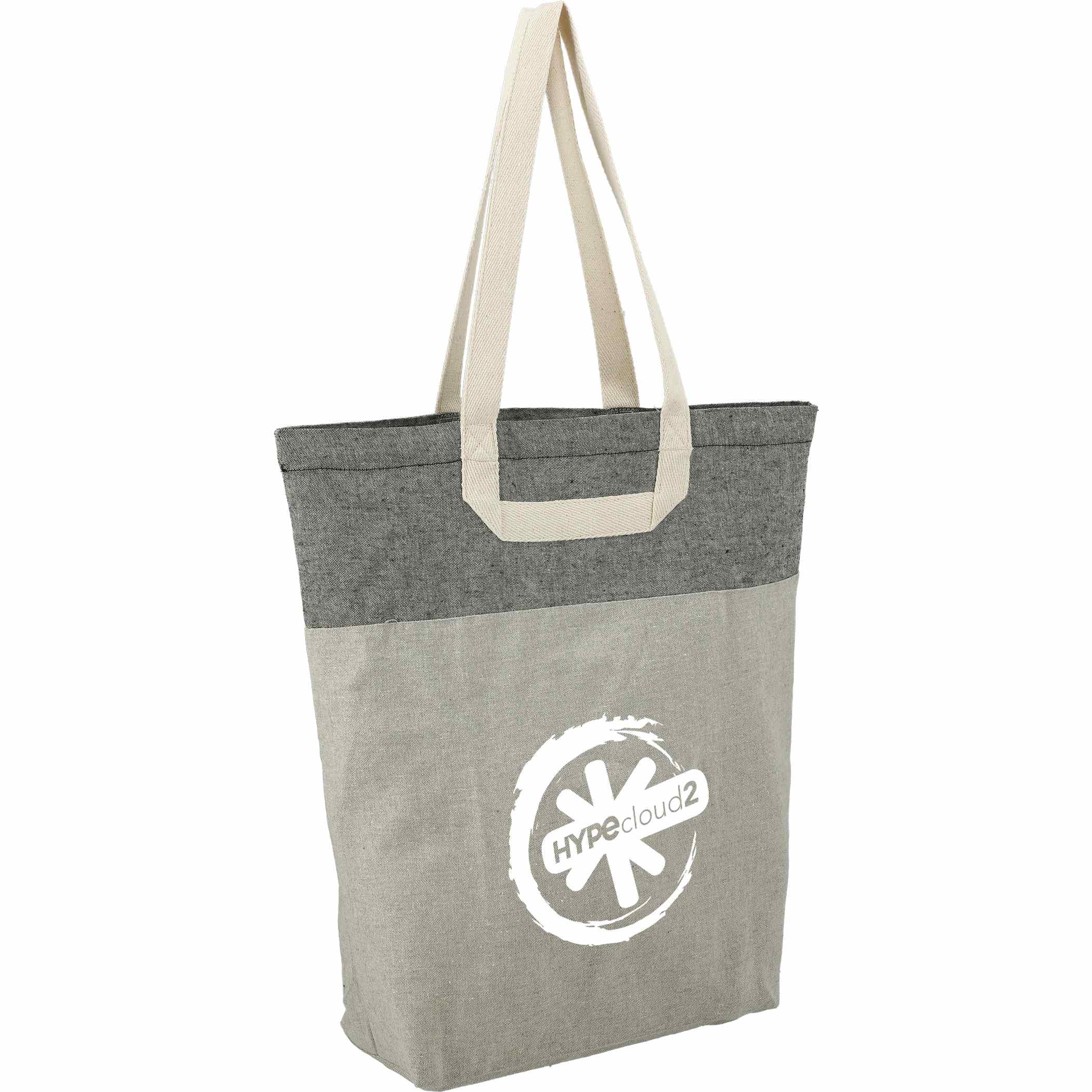 “Recycled cotton tote bag featuring a spacious open main compartment and unique U-shaped handles for carrying books, groceries, and everyday essentials.