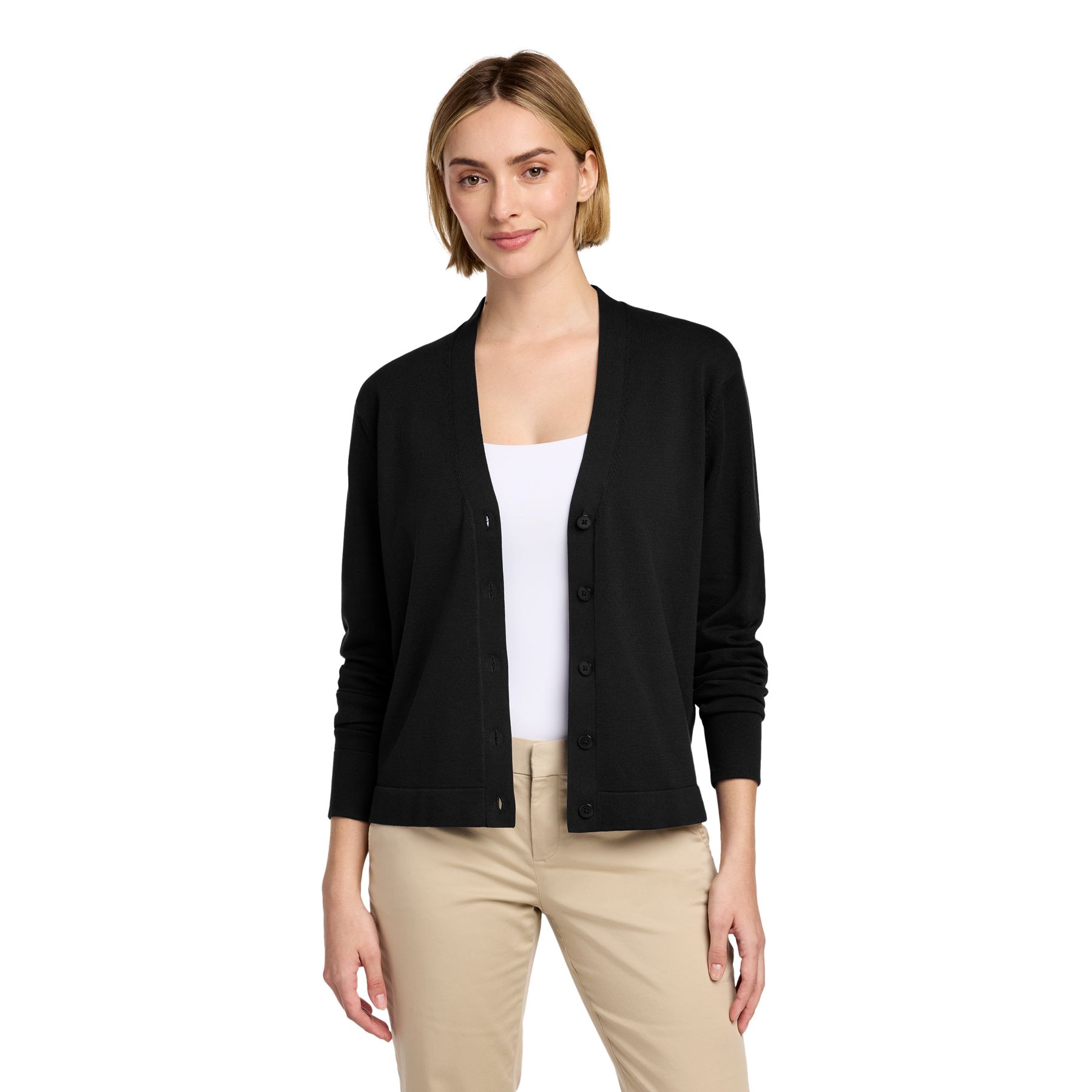 Deep Black women's cotton stretch cardigan sweater with a button-front closure, rib-knit collar, cuffs, and hem for a polished professional look.