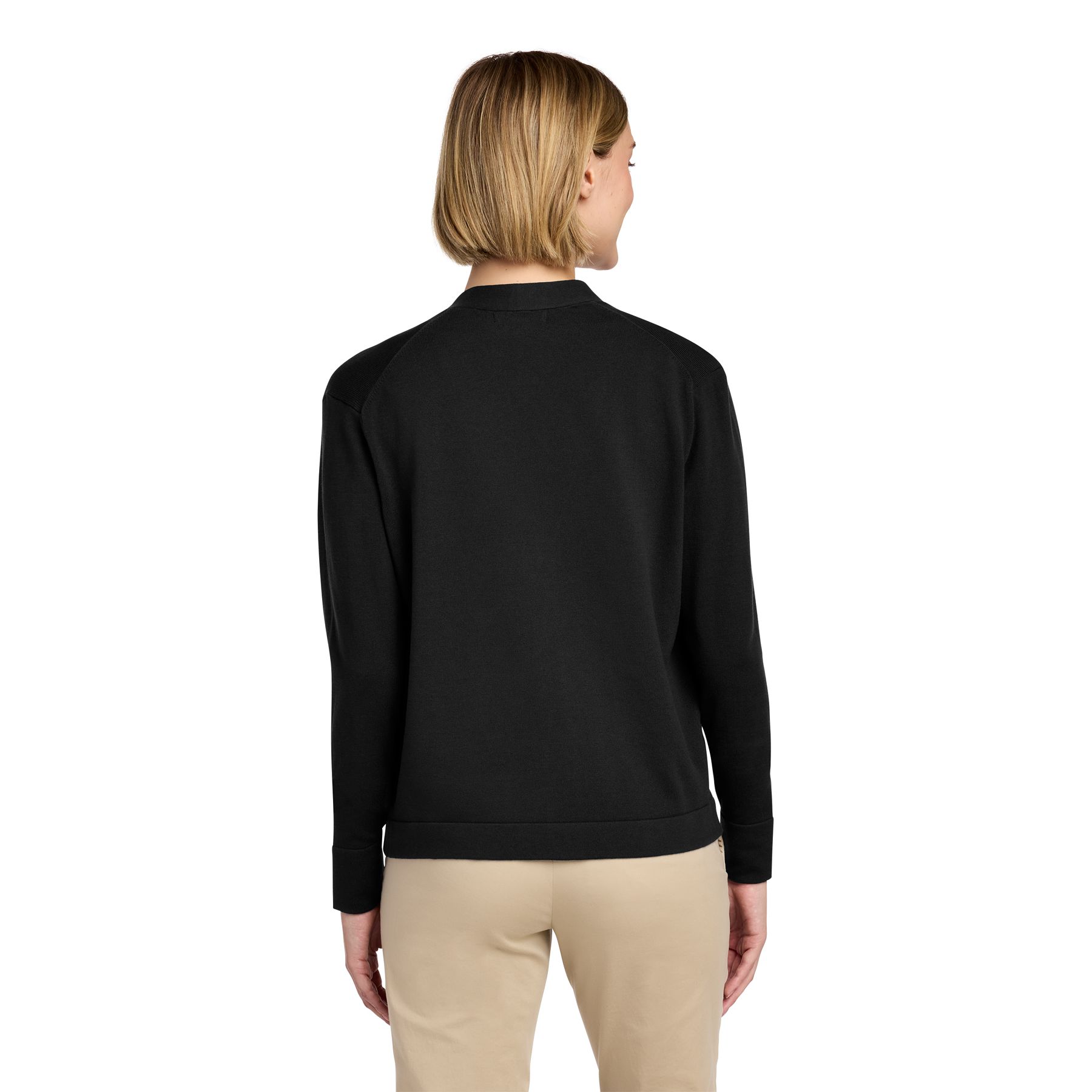 Deep Black women's cotton stretch cardigan sweater with a button-front closure, rib-knit collar, cuffs, and hem for a polished professional look.