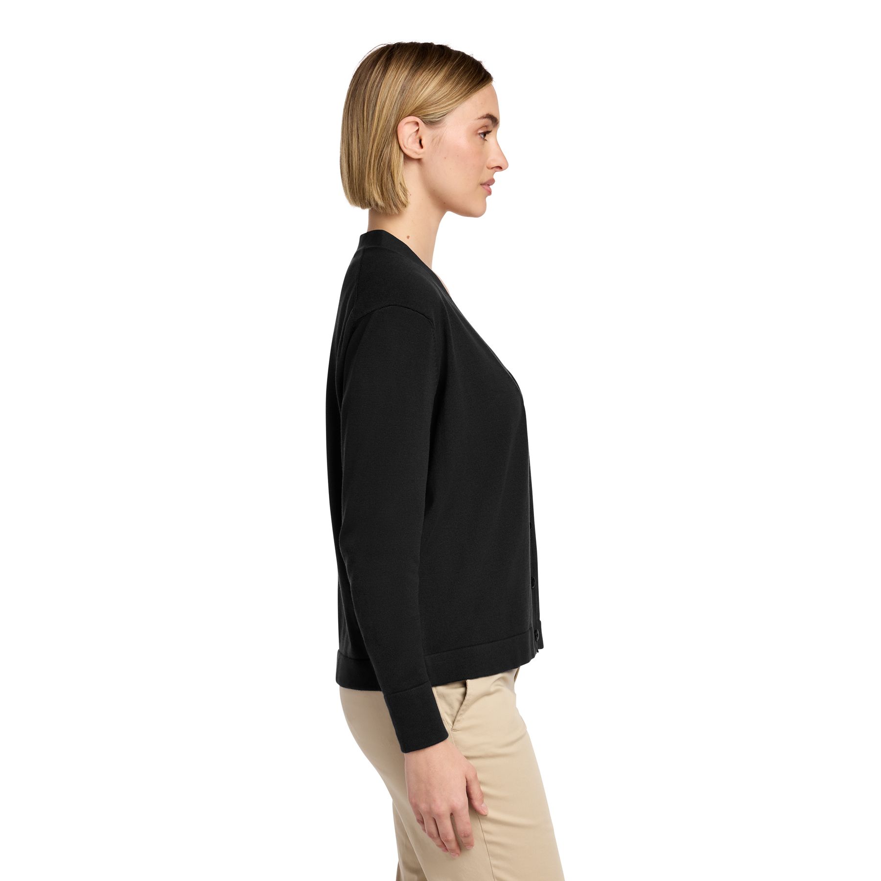 Deep Black women's cotton stretch cardigan sweater with a button-front closure, rib-knit collar, cuffs, and hem for a polished professional look.