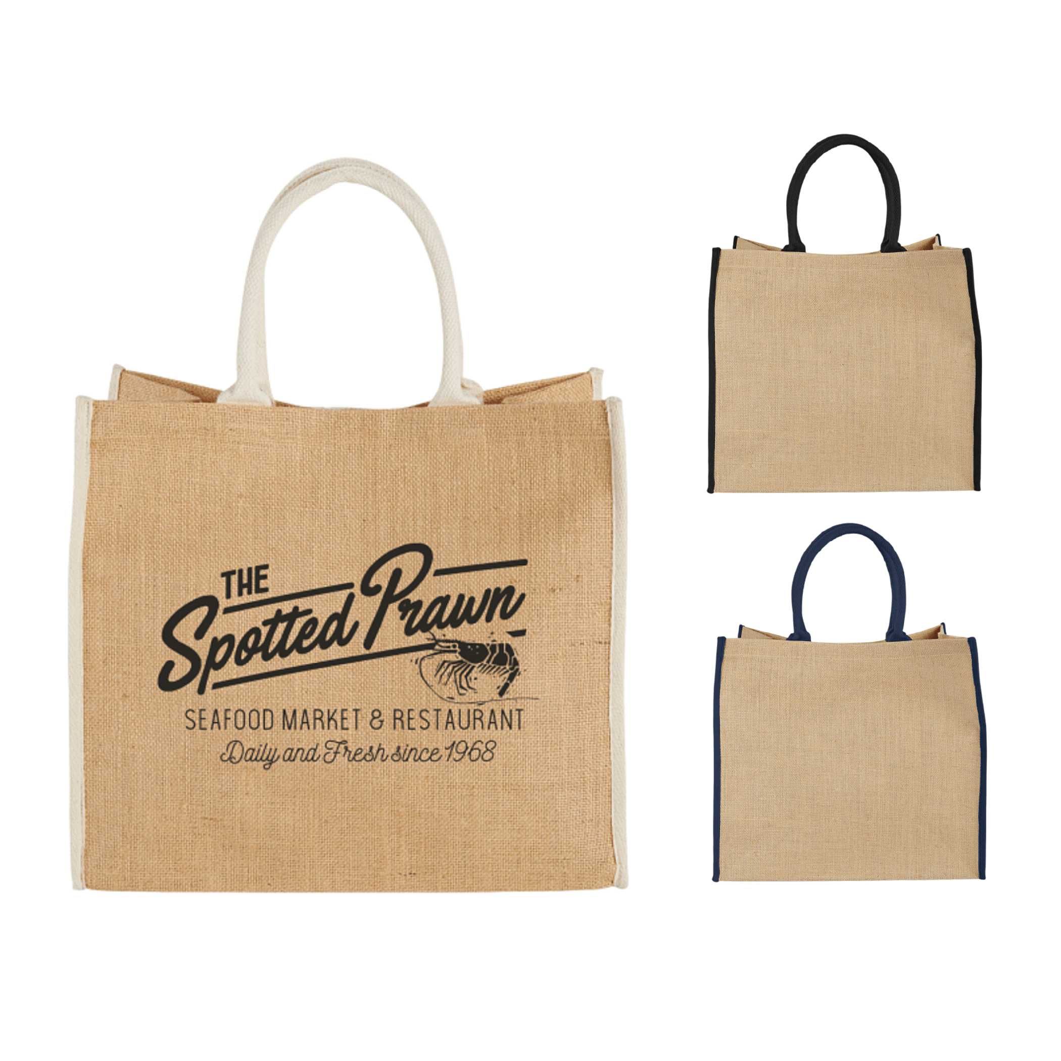 Cream Large Jute Tote, featuring durable natural jute fabric, a spacious open main compartment with hook-and-loop closure, sturdy 17-inch shoulder handles, and a roomy reusable design for grocery shopping, farmers markets, beach outings, and everyday carrying.