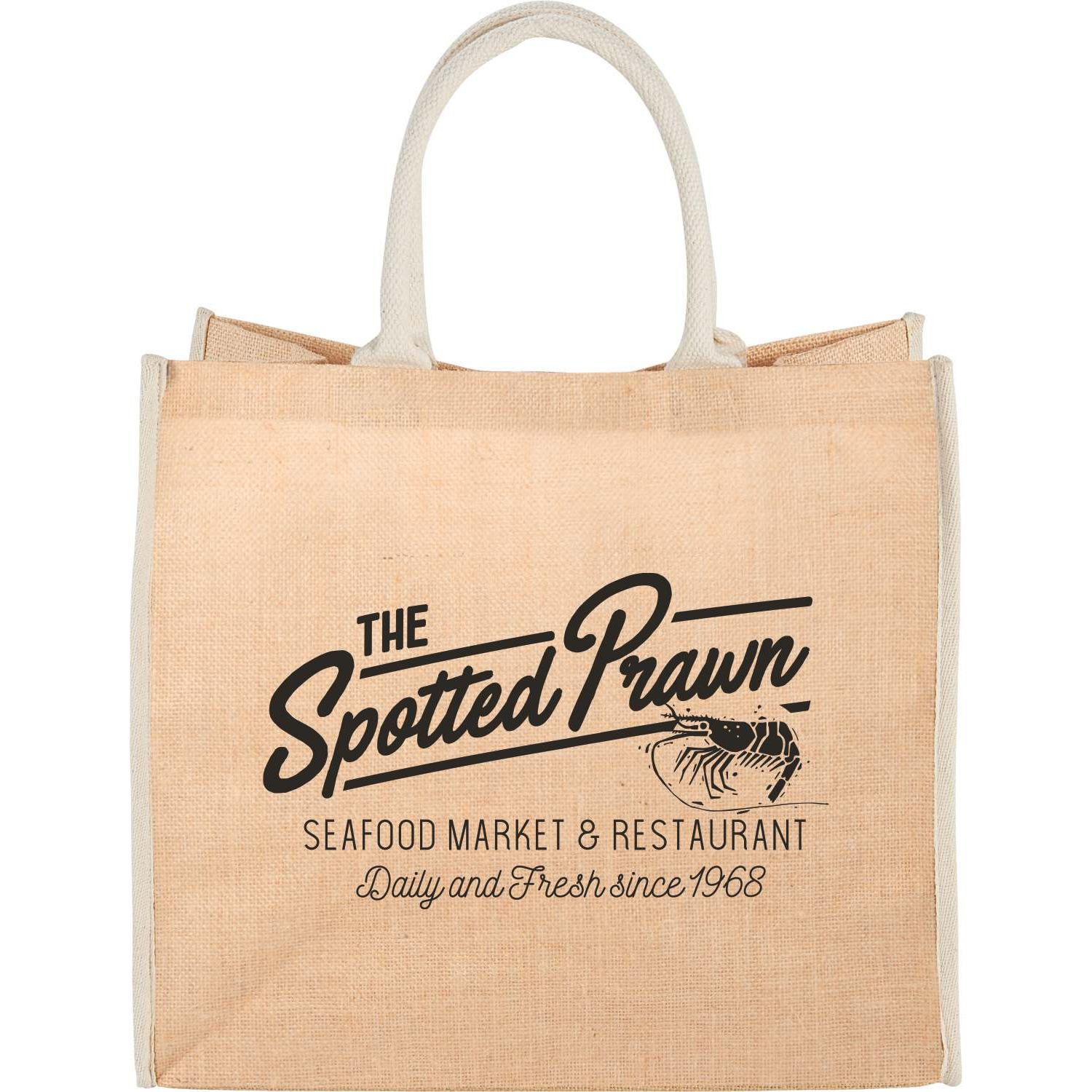 Cream Large Jute Tote, featuring durable natural jute fabric, a spacious open main compartment with hook-and-loop closure, sturdy 17-inch shoulder handles, and a roomy reusable design for grocery shopping, farmers markets, beach outings, and everyday carrying.