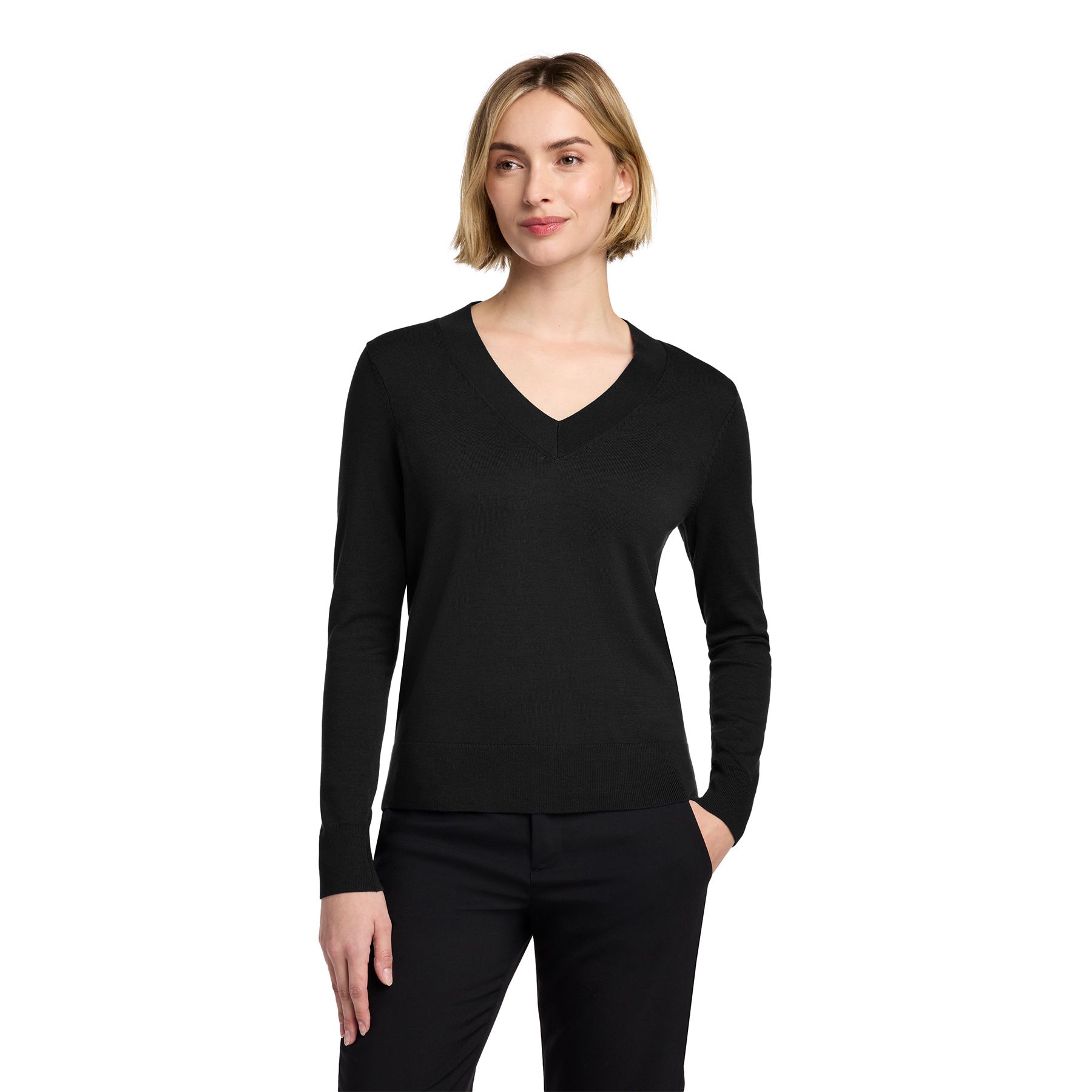 Deep Black women's V-neck cotton stretch sweater made from a soft pima cotton blend with rib-knit cuffs, hem, and neckline.