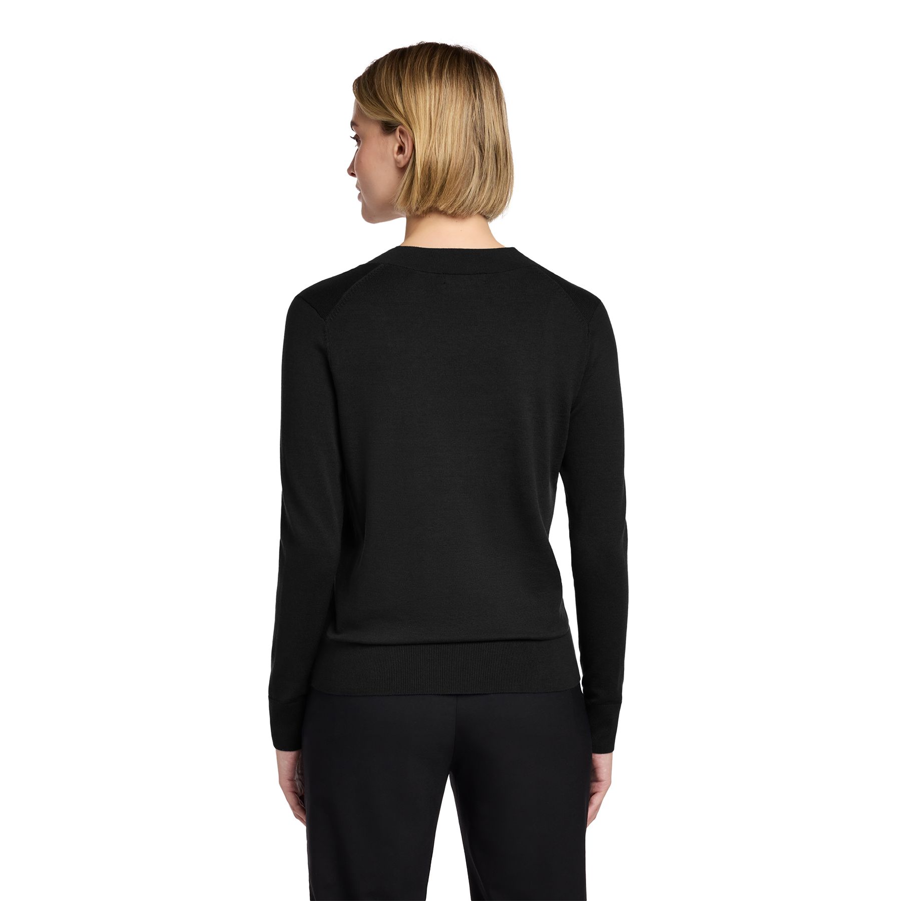Deep Black women's V-neck cotton stretch sweater made from a soft pima cotton blend with rib-knit cuffs, hem, and neckline.