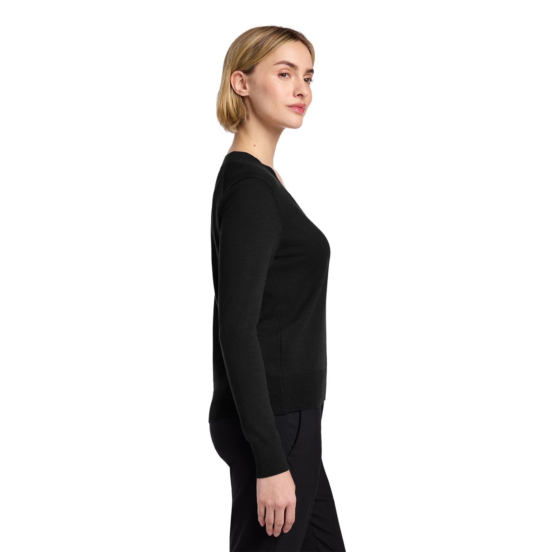 Deep Black women's V-neck cotton stretch sweater made from a soft pima cotton blend with rib-knit cuffs, hem, and neckline.