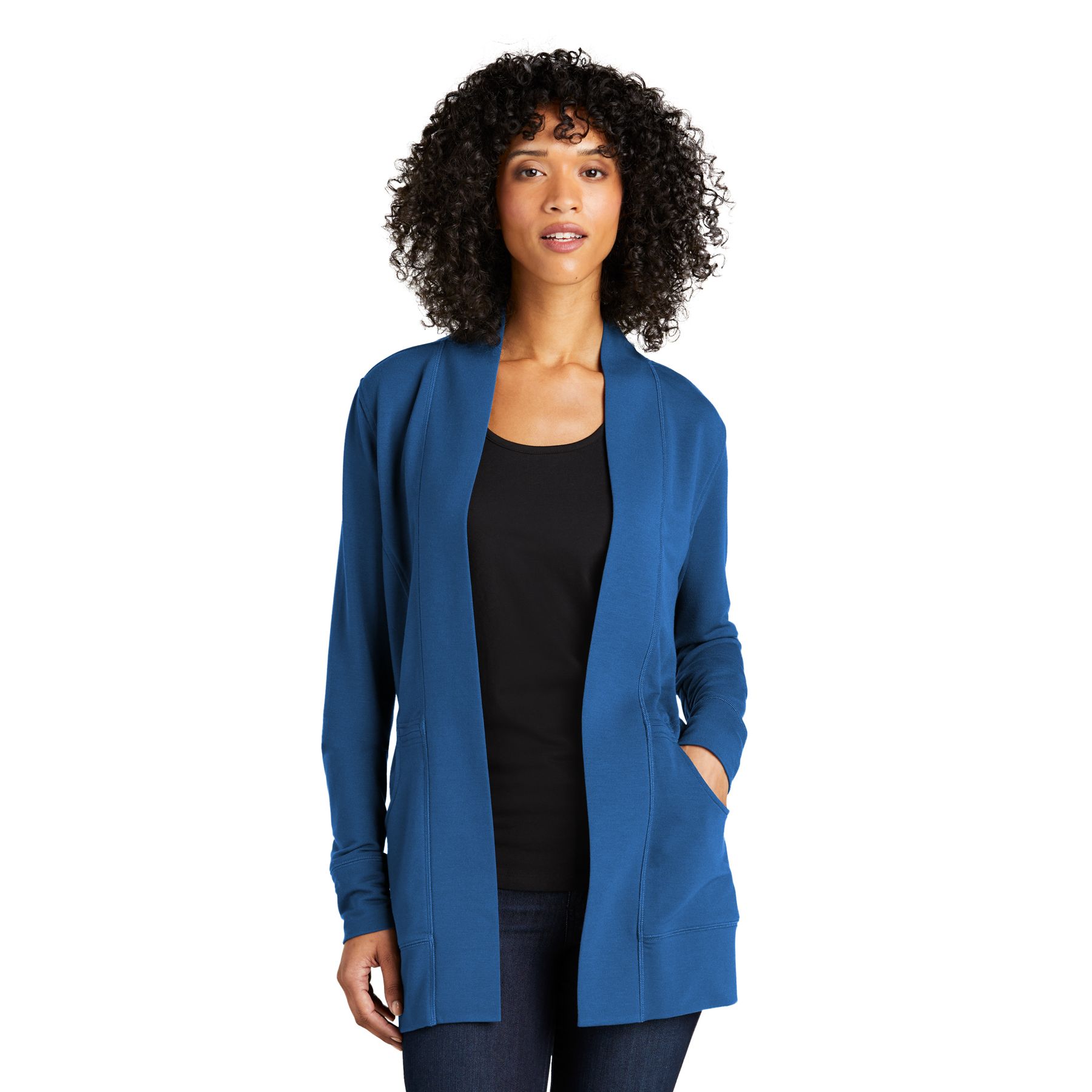 Aegean Blue women's microterry open-front cardigan with front pockets, adjustable waist drawcord, and a soft snag-resistant fabric.