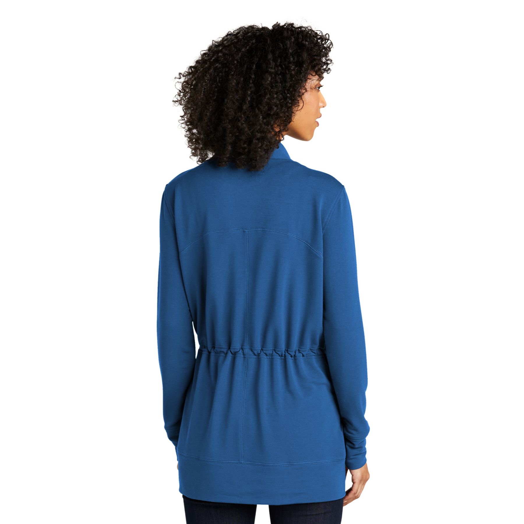 Aegean Blue women's microterry open-front cardigan with front pockets, adjustable waist drawcord, and a soft snag-resistant fabric.