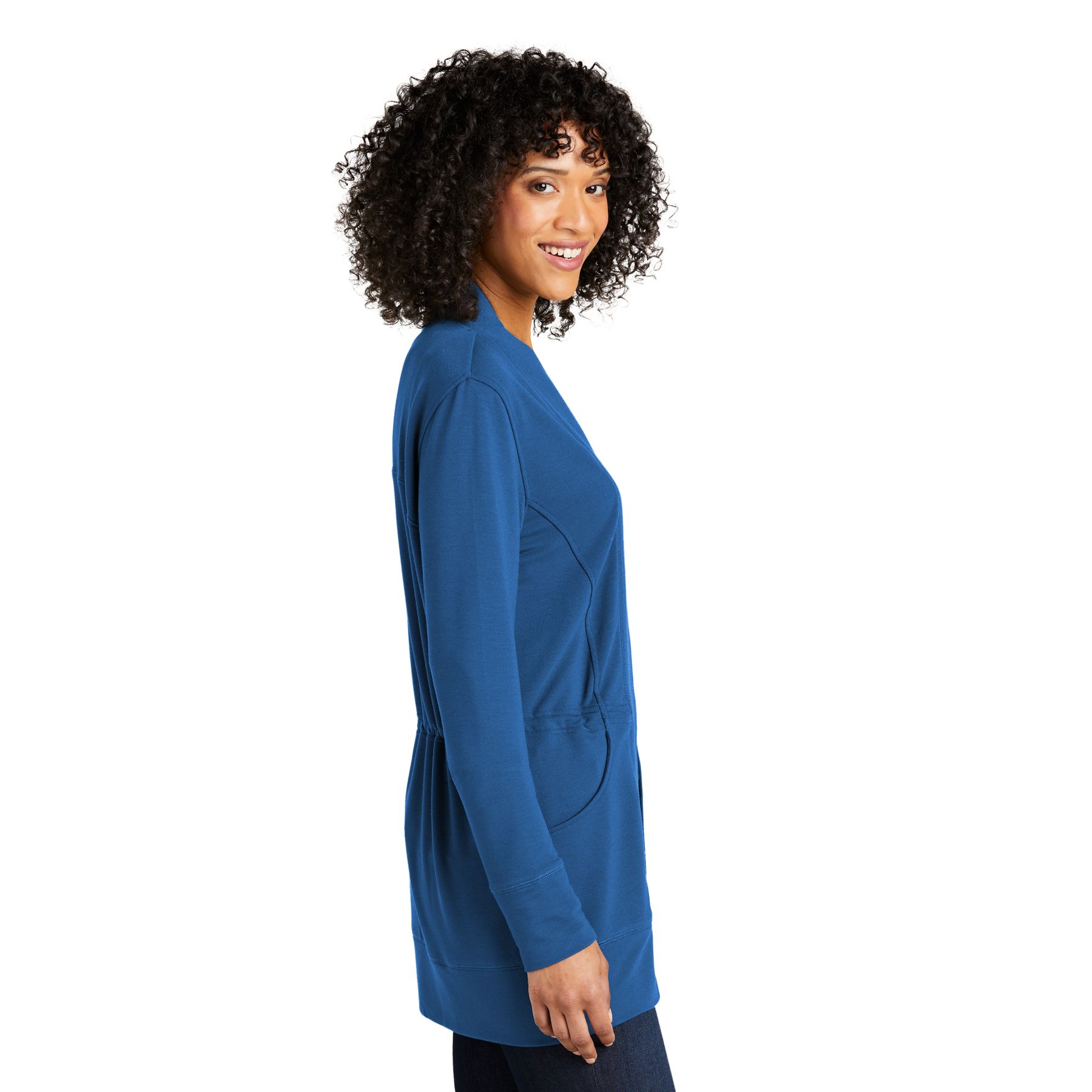 Aegean Blue women's microterry open-front cardigan with front pockets, adjustable waist drawcord, and a soft snag-resistant fabric.