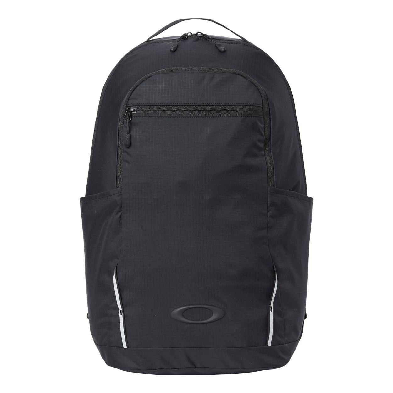 Blackout Oakley 28L Sport Backpack in Blackout, featuring durable water-repellent recycled polyamide, a spacious zippered main compartment with padded 17-inch laptop and tablet sleeves, deep side pockets, a large front zip pocket, compression straps, and padded mesh shoulder straps for commuting, travel, school, and everyday carry.