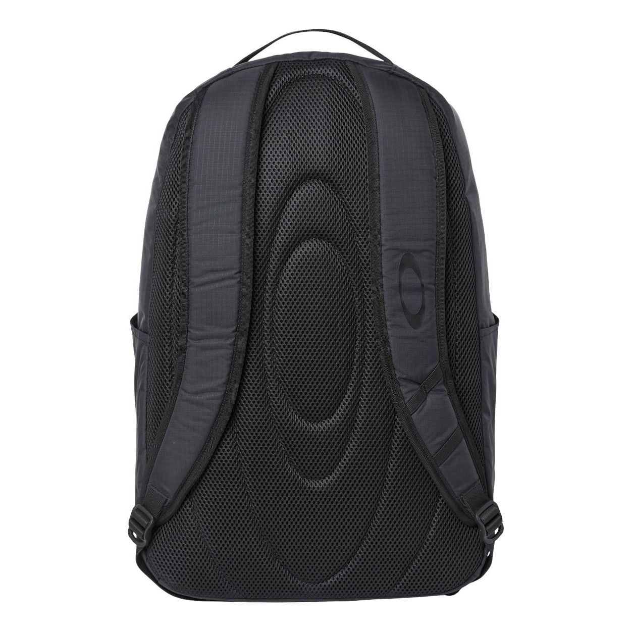 Blackout Oakley 28L Sport Backpack in Blackout, featuring durable water-repellent recycled polyamide, a spacious zippered main compartment with padded 17-inch laptop and tablet sleeves, deep side pockets, a large front zip pocket, compression straps, and padded mesh shoulder straps for commuting, travel, school, and everyday carry.