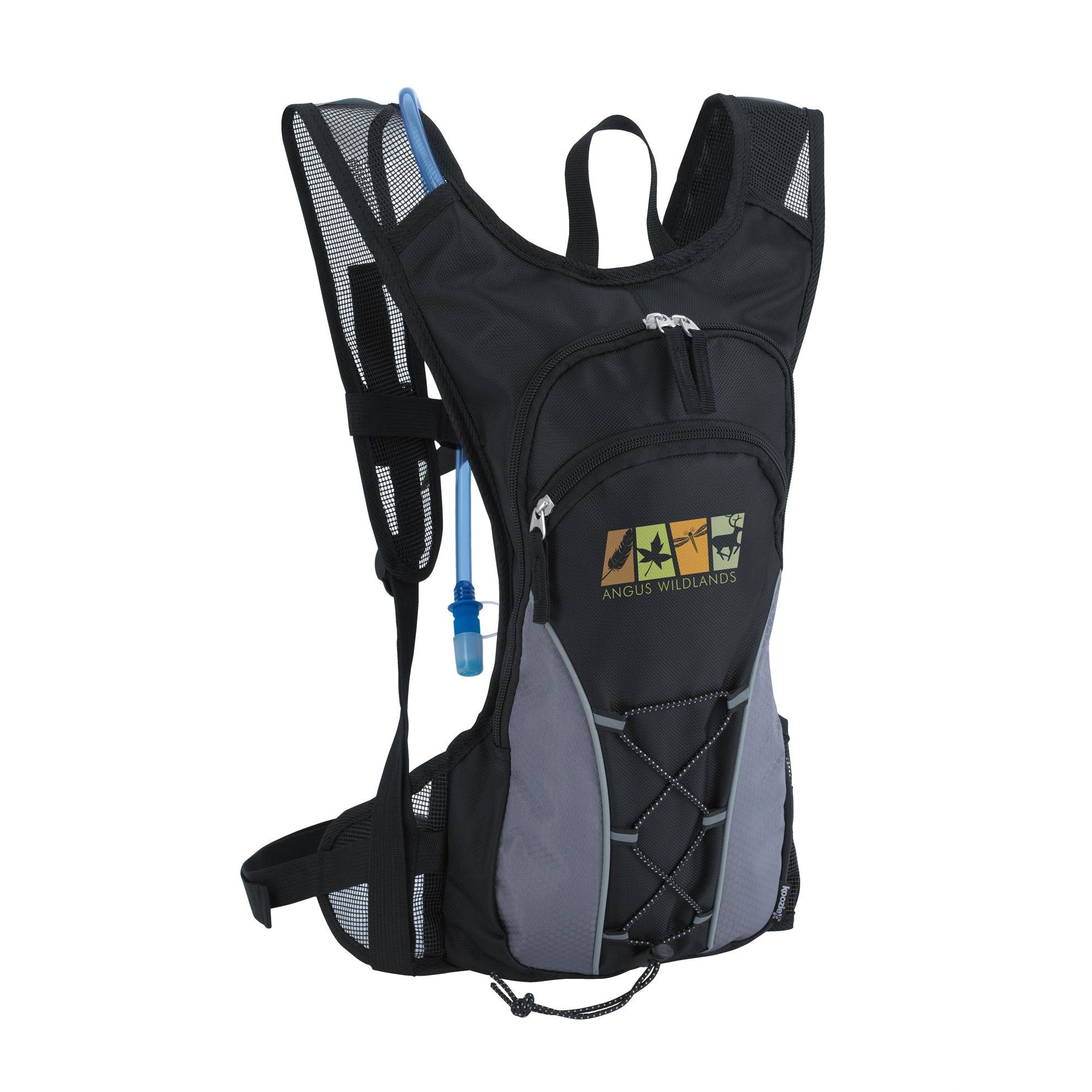 Black Koozie® 5L Hydrating Backpack, featuring durable polyester construction with a BPA-free hydration reservoir, zippered main compartment, reflective accents, breathable mesh shoulder straps, front bungee cord storage, and a lightweight design for hiking, cycling, camping, festivals, and outdoor adventures.