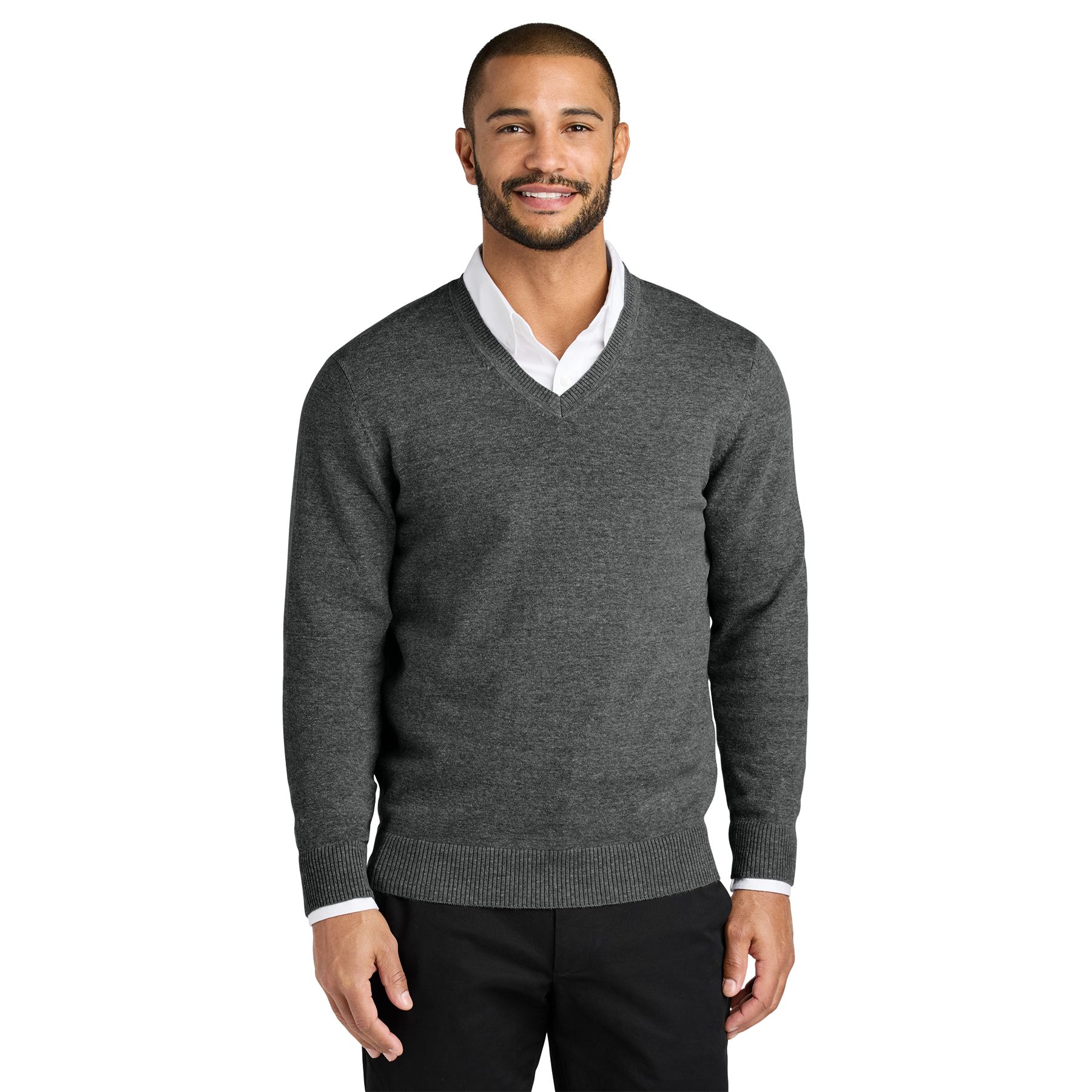 Charcoal Heather tri-blend V-neck sweater with rib-knit neckline, cuffs, hem, and a classic professional silhouette.