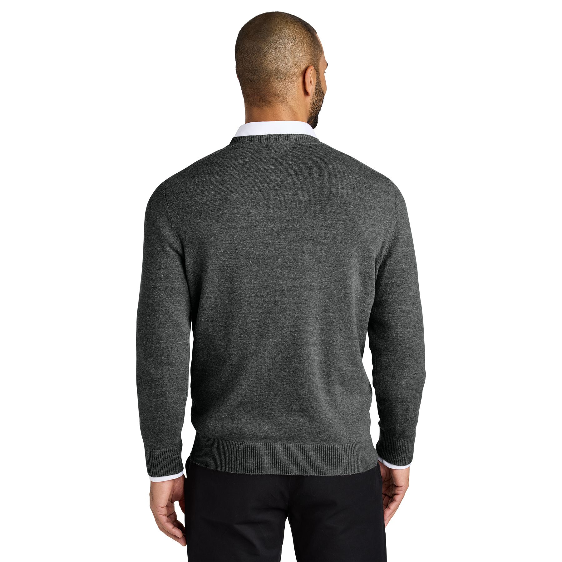 Charcoal Heather tri-blend V-neck sweater with rib-knit neckline, cuffs, hem, and a classic professional silhouette.