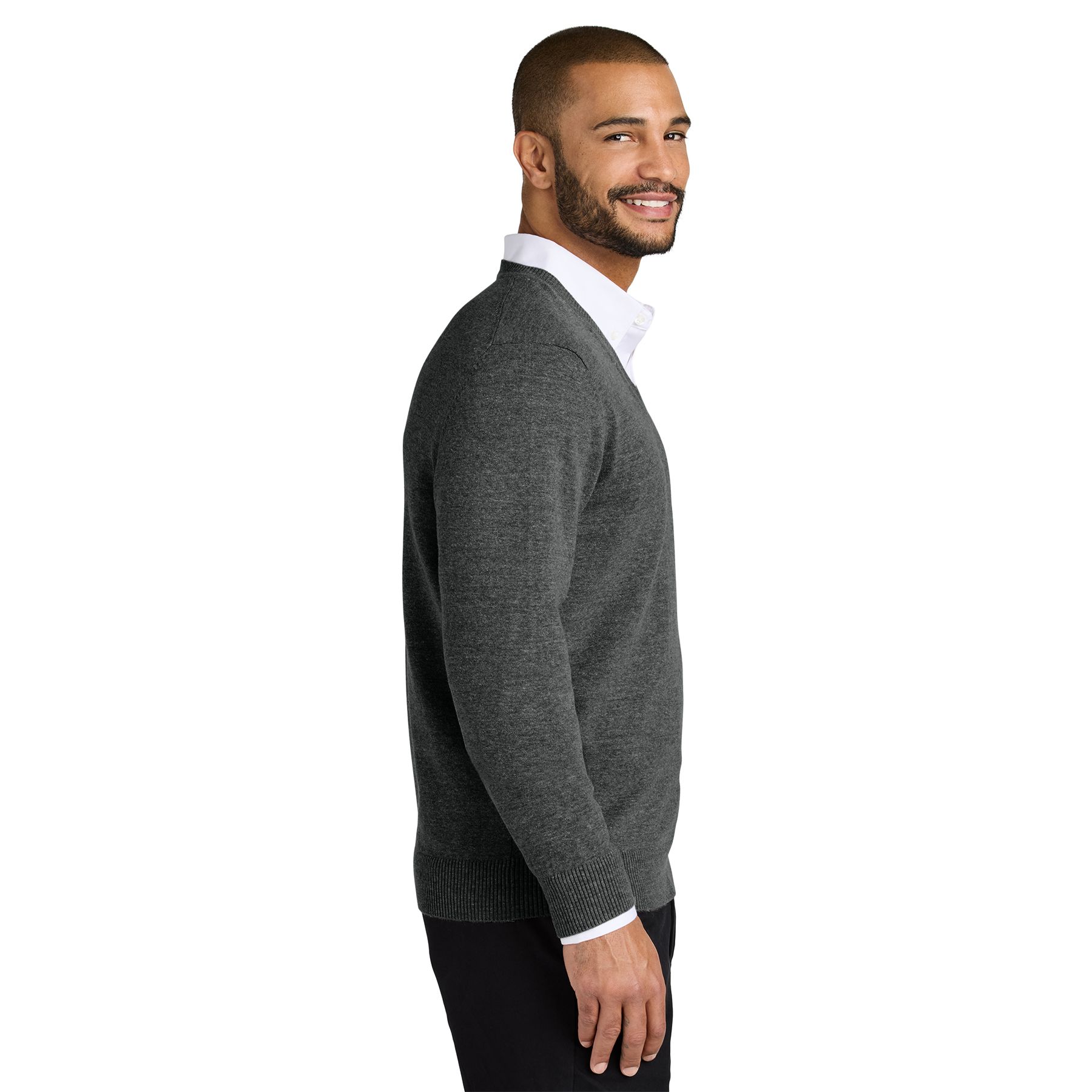 Charcoal Heather tri-blend V-neck sweater with rib-knit neckline, cuffs, hem, and a classic professional silhouette.
