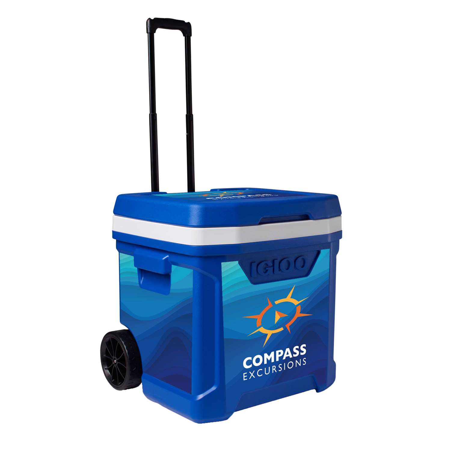 Azure IGLOO® 60QT Rolling Cooler, featuring a durable hard-sided plastic cooler with two rugged wheels, a locking telescoping handle, molded side handles, and a large insulated 60-quart capacity for tailgating, camping, picnics, sporting events, and outdoor gatherings.