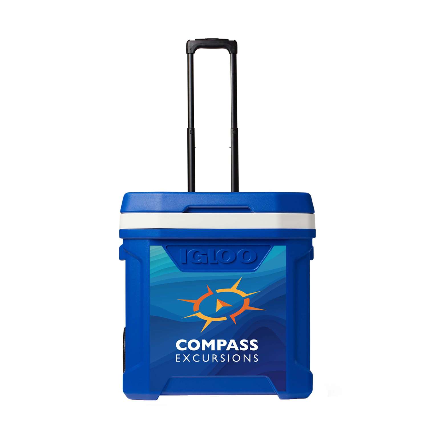 Azure IGLOO® 60QT Rolling Cooler, featuring a durable hard-sided plastic cooler with two rugged wheels, a locking telescoping handle, molded side handles, and a large insulated 60-quart capacity for tailgating, camping, picnics, sporting events, and outdoor gatherings.