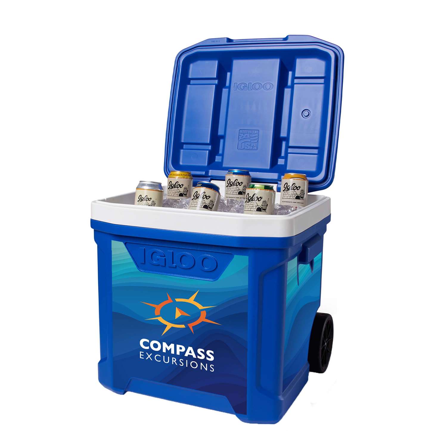 Azure IGLOO® 60QT Rolling Cooler, featuring a durable hard-sided plastic cooler with two rugged wheels, a locking telescoping handle, molded side handles, and a large insulated 60-quart capacity for tailgating, camping, picnics, sporting events, and outdoor gatherings.