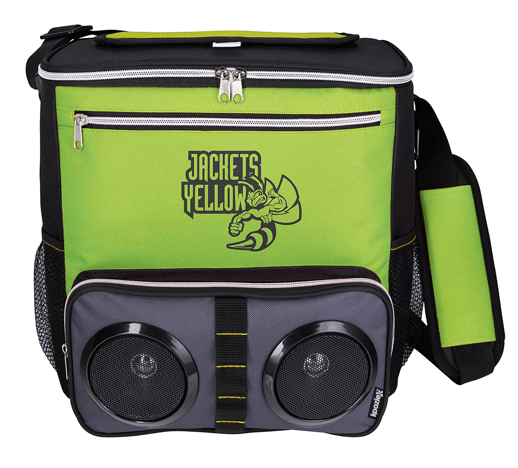 Lime Koozie® Chillin' Bluetooth® Speaker Cooler, featuring a durable polyester insulated cooler with a zippered main compartment, dual built-in Bluetooth® speakers, front zip pocket, side mesh pockets, adjustable padded shoulder strap, and attached bottle opener for beach trips, tailgating, camping, picnics, and outdoor gatherings.