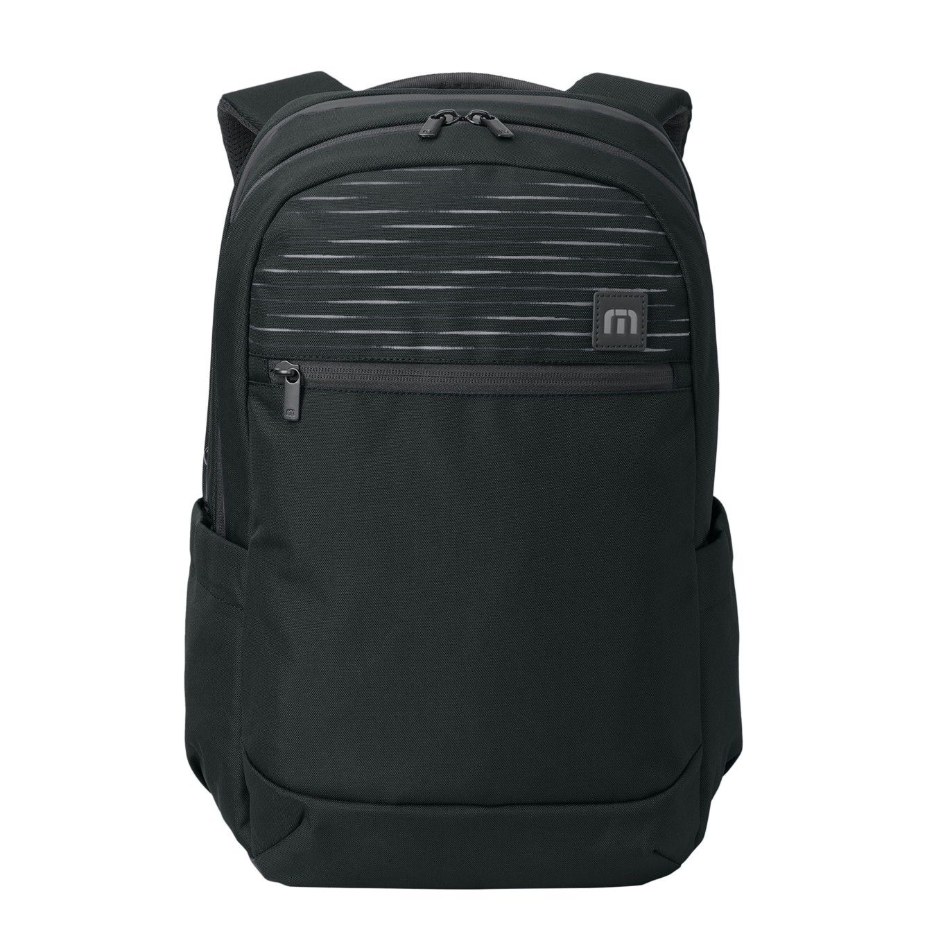 Black TravisMathew Approach Backpack, featuring durable water-resistant polyester construction, a spacious zippered main compartment with a padded laptop sleeve, interior organizer pockets, side water bottle pocket, padded shoulder straps, and a luggage pass-through for commuting, business travel, and everyday carry.
