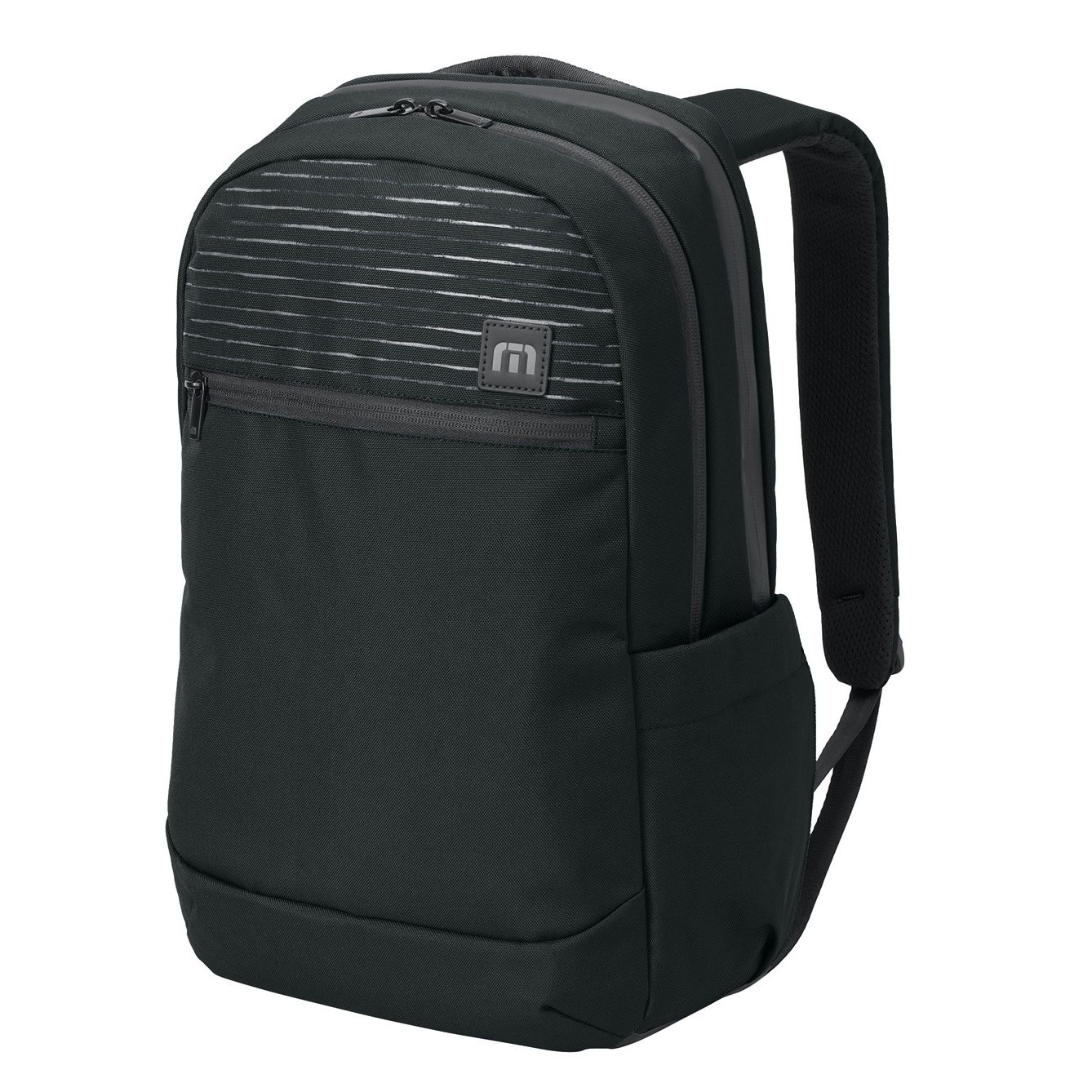 Black TravisMathew Approach Backpack, featuring durable water-resistant polyester construction, a spacious zippered main compartment with a padded laptop sleeve, interior organizer pockets, side water bottle pocket, padded shoulder straps, and a luggage pass-through for commuting, business travel, and everyday carry.