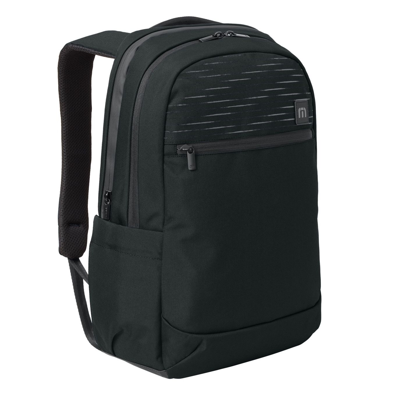 Black TravisMathew Approach Backpack, featuring durable water-resistant polyester construction, a spacious zippered main compartment with a padded laptop sleeve, interior organizer pockets, side water bottle pocket, padded shoulder straps, and a luggage pass-through for commuting, business travel, and everyday carry.