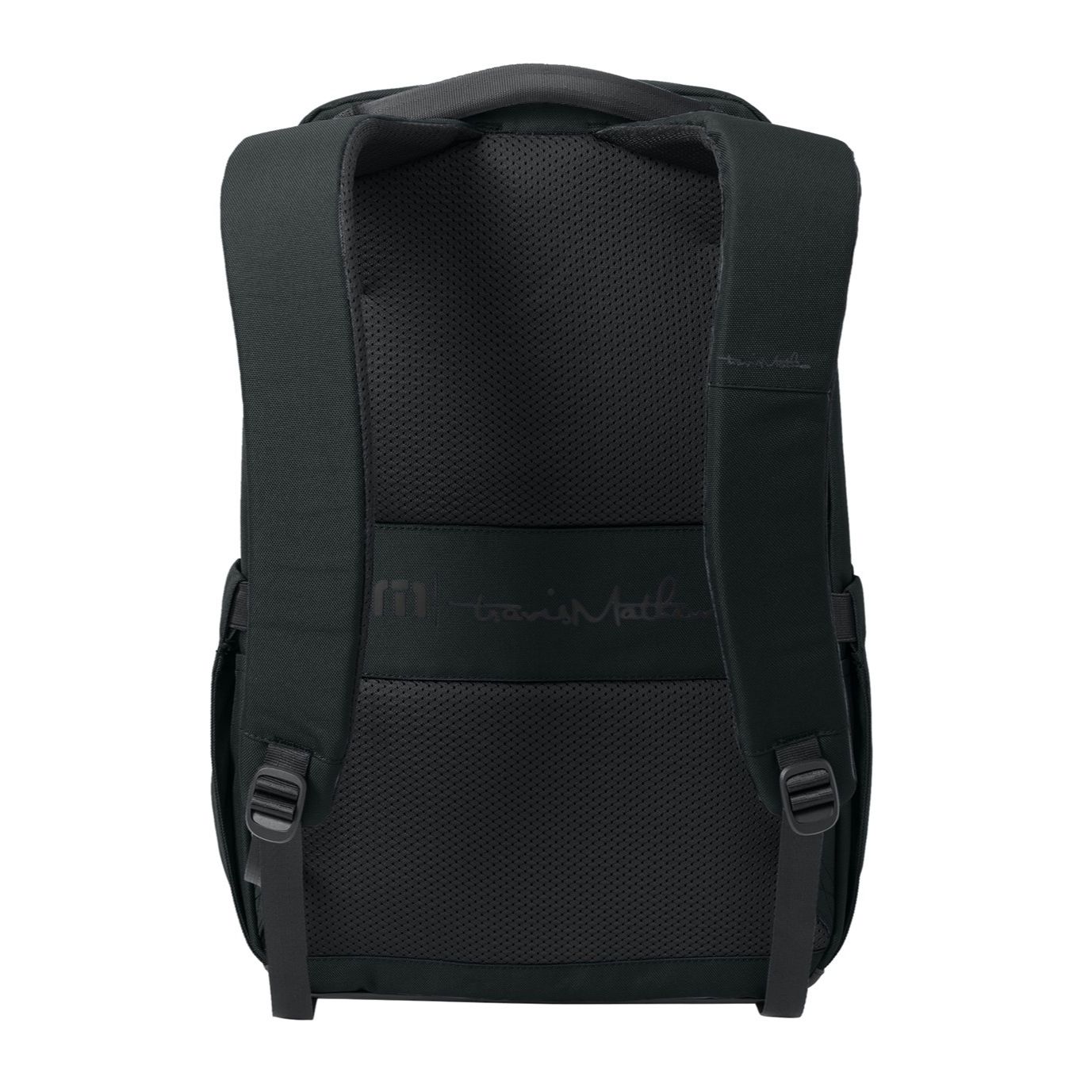 Black TravisMathew Approach Backpack, featuring durable water-resistant polyester construction, a spacious zippered main compartment with a padded laptop sleeve, interior organizer pockets, side water bottle pocket, padded shoulder straps, and a luggage pass-through for commuting, business travel, and everyday carry.