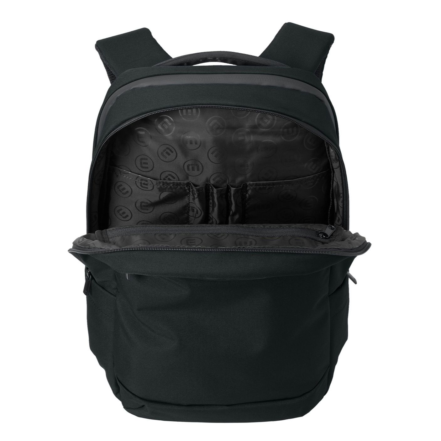 Black TravisMathew Approach Backpack, featuring durable water-resistant polyester construction, a spacious zippered main compartment with a padded laptop sleeve, interior organizer pockets, side water bottle pocket, padded shoulder straps, and a luggage pass-through for commuting, business travel, and everyday carry.
