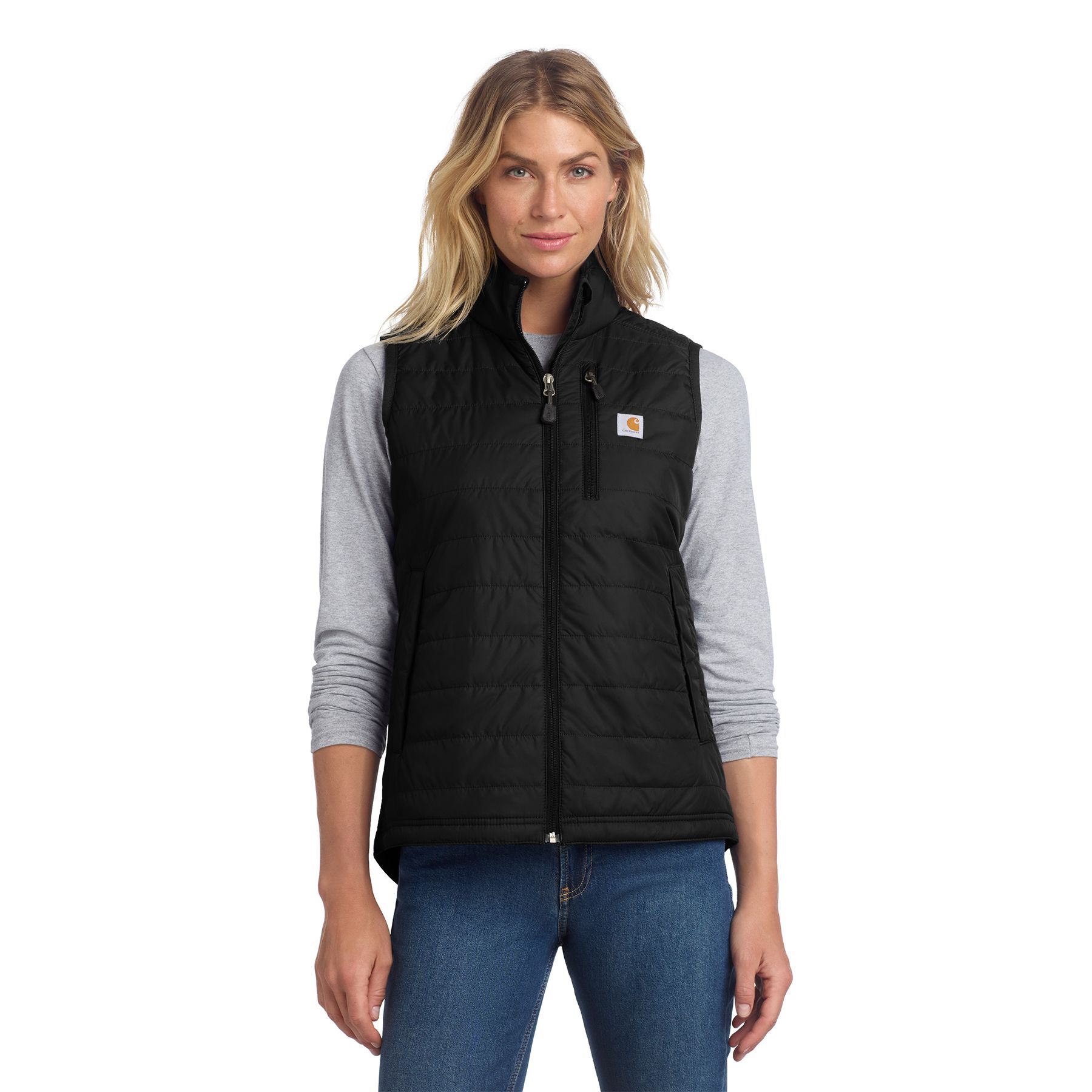Black women's insulated vest made from durable nylon Cordura® with a full-length zipper, zip-through collar, multiple utility pockets, and quilted insulated lining.