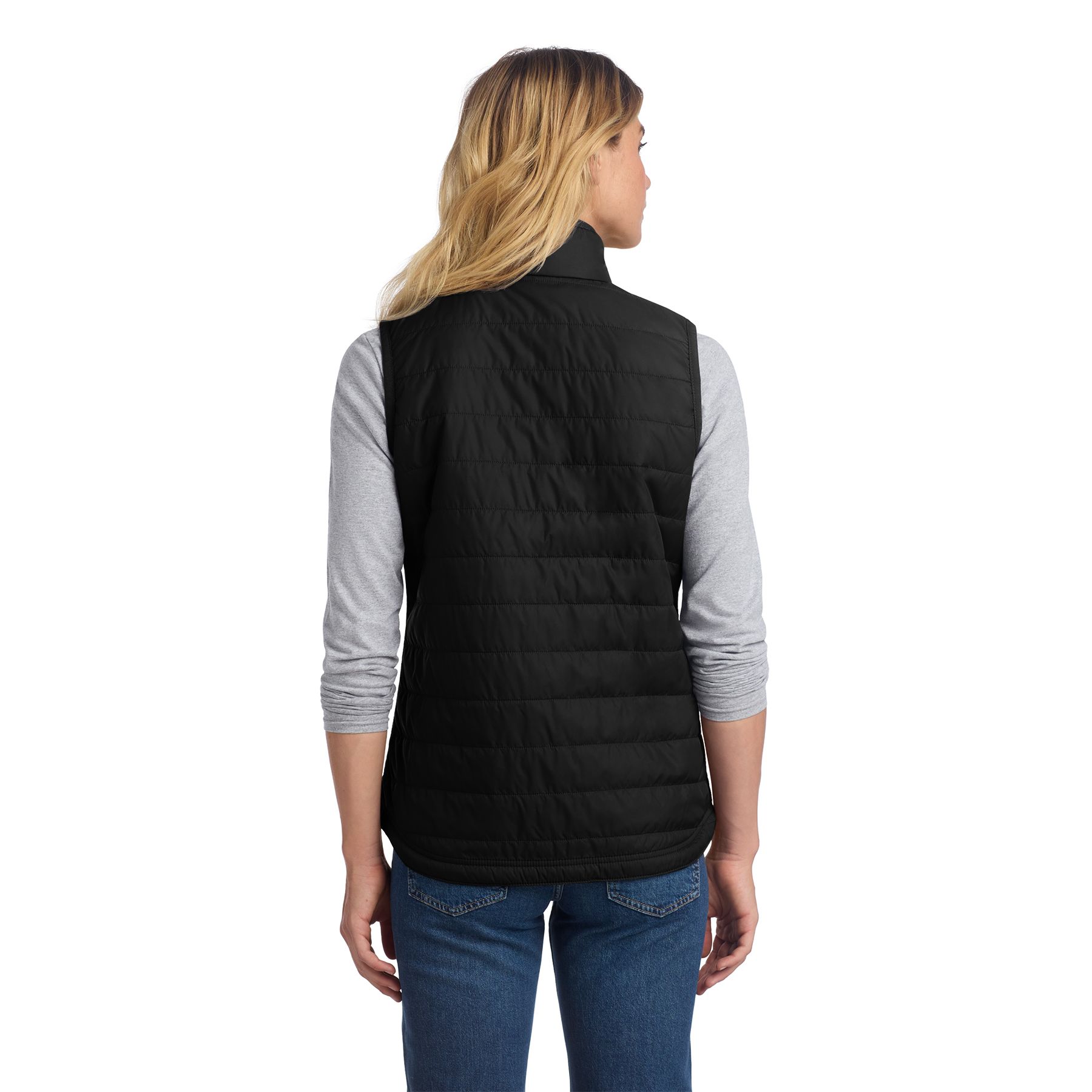 Black women's insulated vest made from durable nylon Cordura® with a full-length zipper, zip-through collar, multiple utility pockets, and quilted insulated lining.