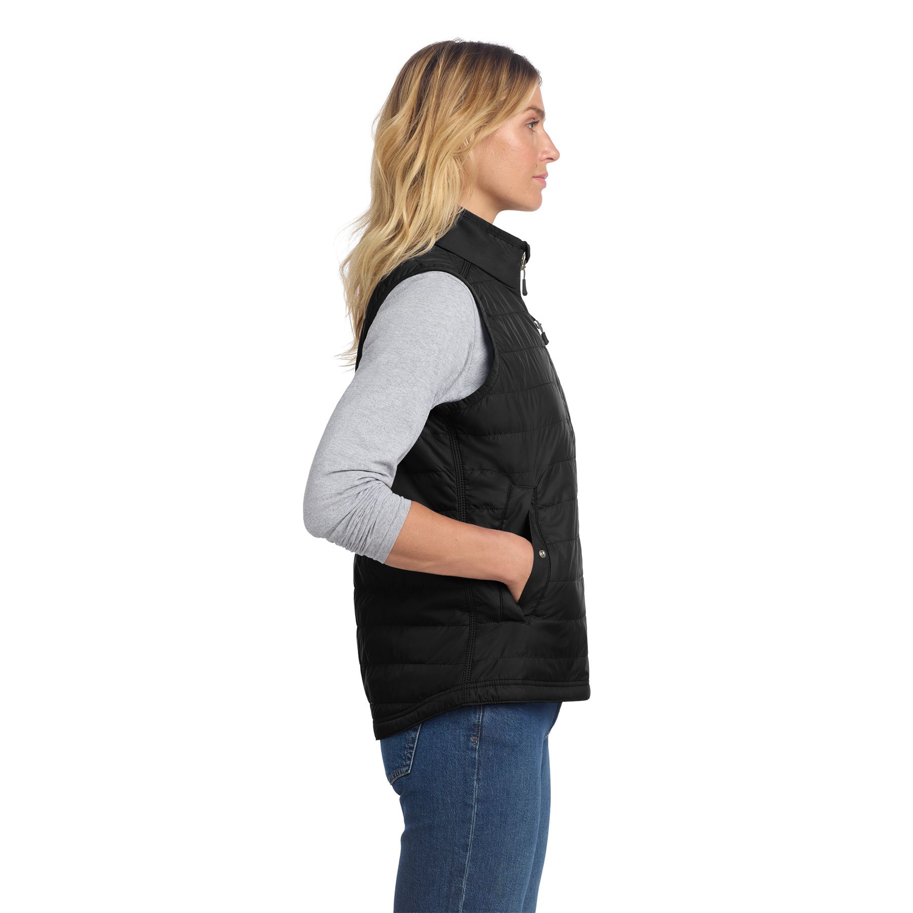 Black women's insulated vest made from durable nylon Cordura® with a full-length zipper, zip-through collar, multiple utility pockets, and quilted insulated lining.