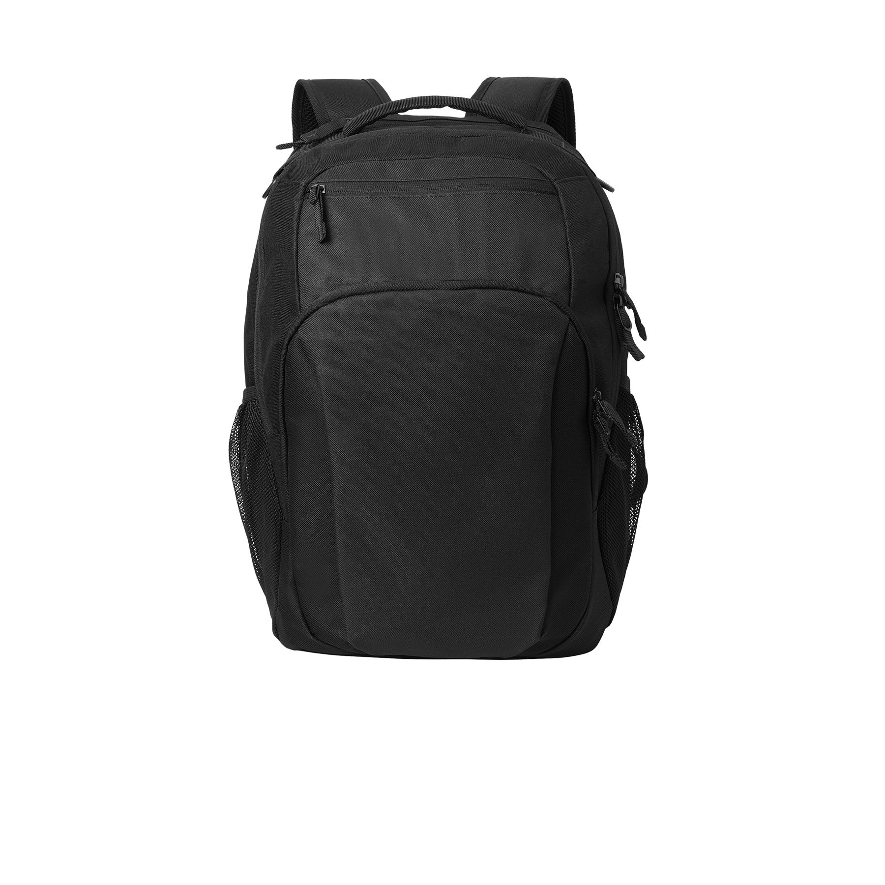 Black Port Authority® Transport Backpack, featuring durable polyester construction, a dedicated padded laptop compartment, spacious zippered main compartment, front organizer pocket, top valuables pocket, dual mesh side pockets, and padded shoulder straps for commuting, business travel, school, and everyday carry.