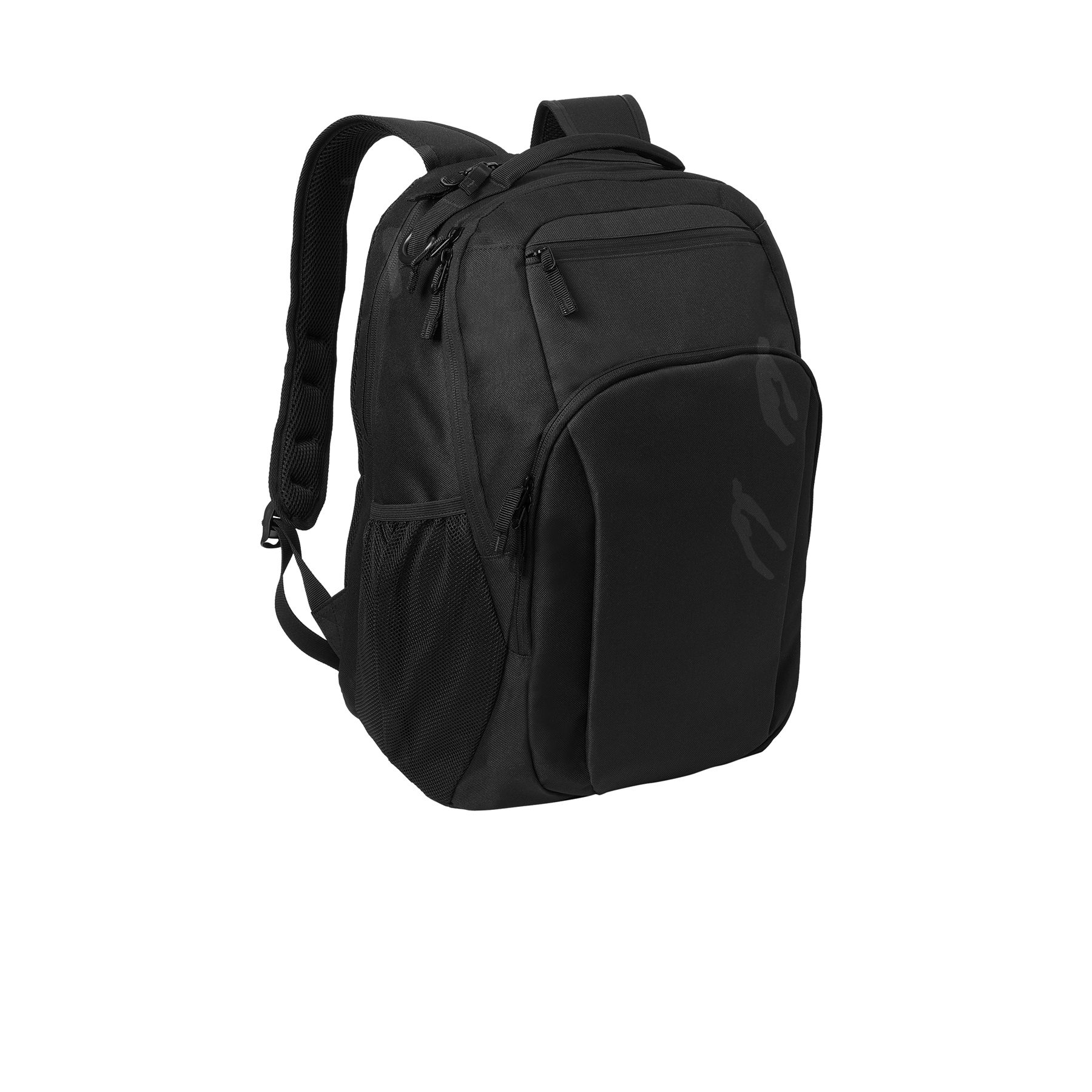 Black Port Authority® Transport Backpack, featuring durable polyester construction, a dedicated padded laptop compartment, spacious zippered main compartment, front organizer pocket, top valuables pocket, dual mesh side pockets, and padded shoulder straps for commuting, business travel, school, and everyday carry.