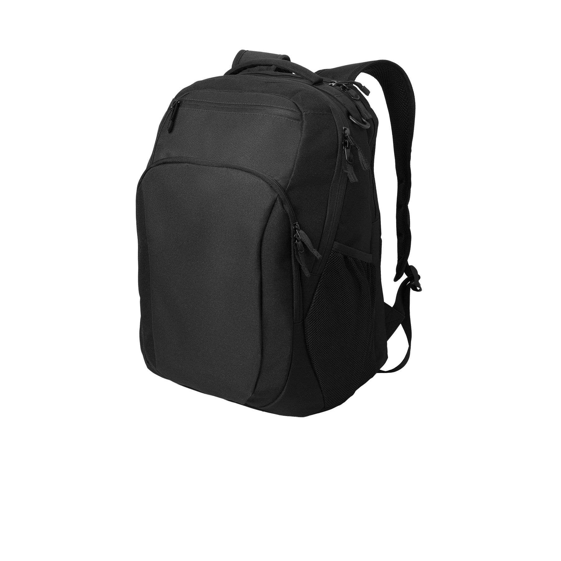 Black Port Authority® Transport Backpack, featuring durable polyester construction, a dedicated padded laptop compartment, spacious zippered main compartment, front organizer pocket, top valuables pocket, dual mesh side pockets, and padded shoulder straps for commuting, business travel, school, and everyday carry.