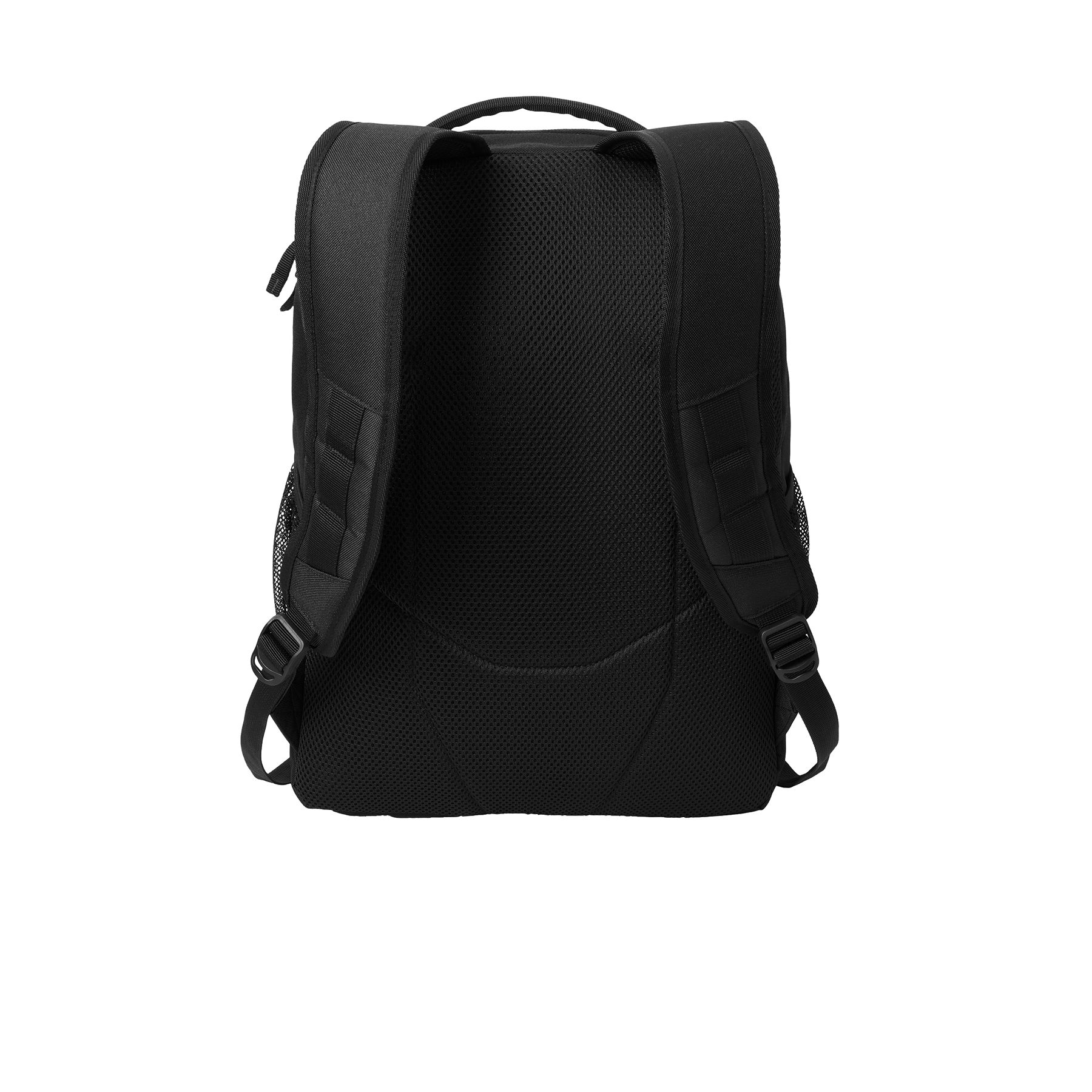Black Port Authority® Transport Backpack, featuring durable polyester construction, a dedicated padded laptop compartment, spacious zippered main compartment, front organizer pocket, top valuables pocket, dual mesh side pockets, and padded shoulder straps for commuting, business travel, school, and everyday carry.