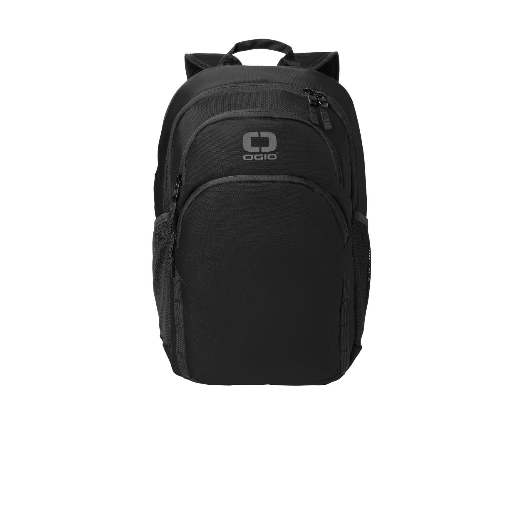 Blacktop OGIO® Forge Pack, featuring durable ballistic polyester construction, a spacious zippered main compartment with a padded laptop sleeve, expandable storage, multiple organizational pockets, padded ergonomic shoulder straps, and a luggage pass-through for business travel, commuting, and everyday carry.