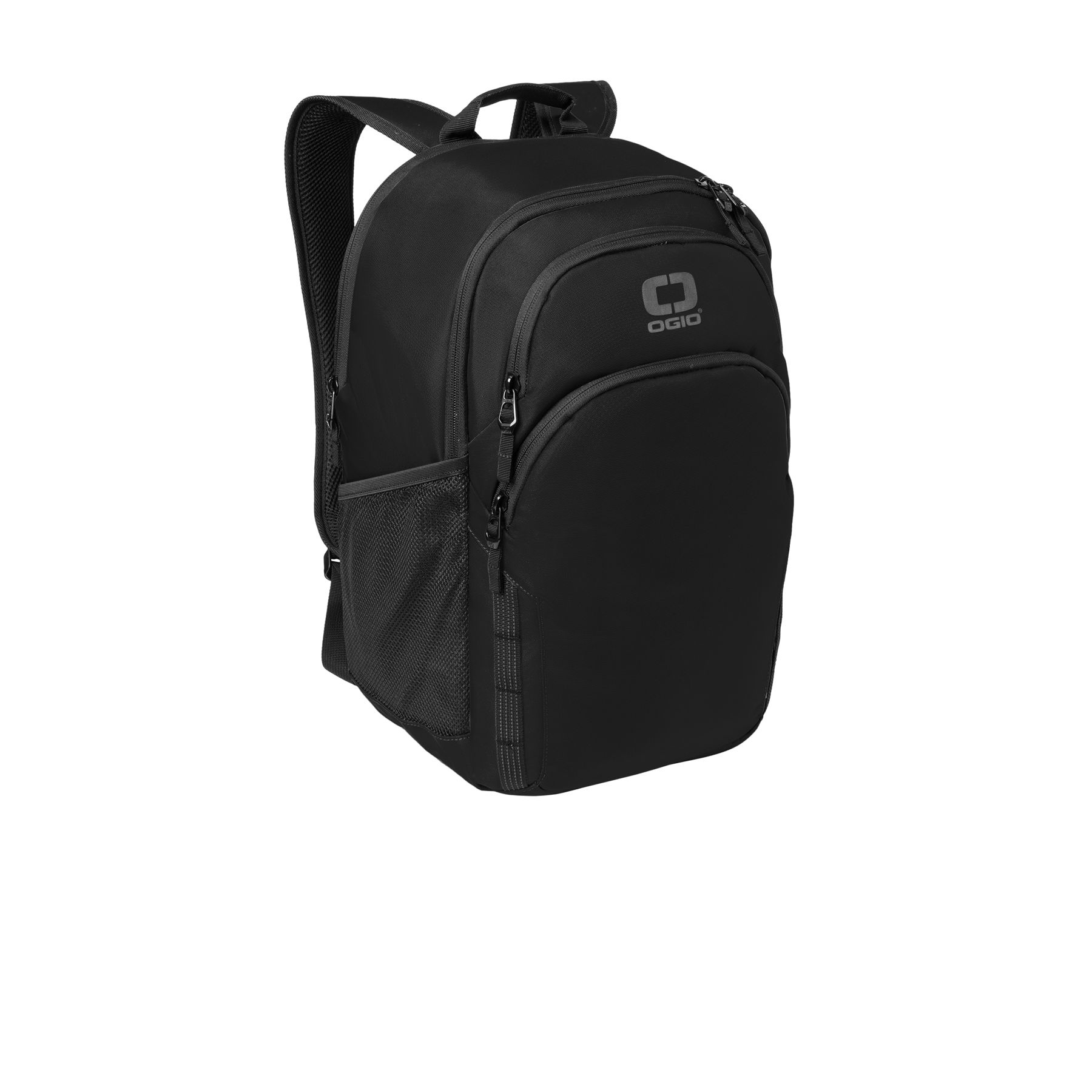 Blacktop OGIO® Forge Pack, featuring durable ballistic polyester construction, a spacious zippered main compartment with a padded laptop sleeve, expandable storage, multiple organizational pockets, padded ergonomic shoulder straps, and a luggage pass-through for business travel, commuting, and everyday carry.
