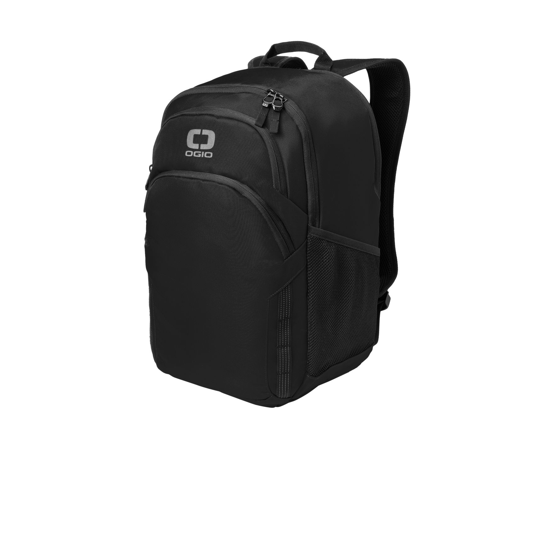 Blacktop OGIO® Forge Pack, featuring durable ballistic polyester construction, a spacious zippered main compartment with a padded laptop sleeve, expandable storage, multiple organizational pockets, padded ergonomic shoulder straps, and a luggage pass-through for business travel, commuting, and everyday carry.